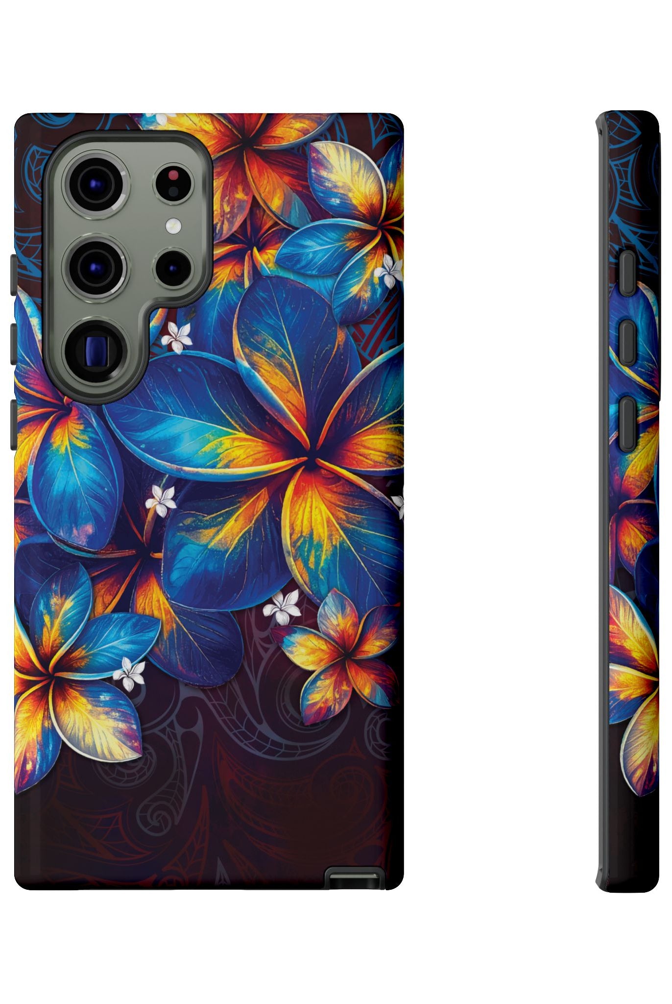 Nohea Twilight Tough Samsung Galaxy Case Detail View - Hawaiian Blue Orange Plumeria Twilight Design Close Up - The Local Banyan