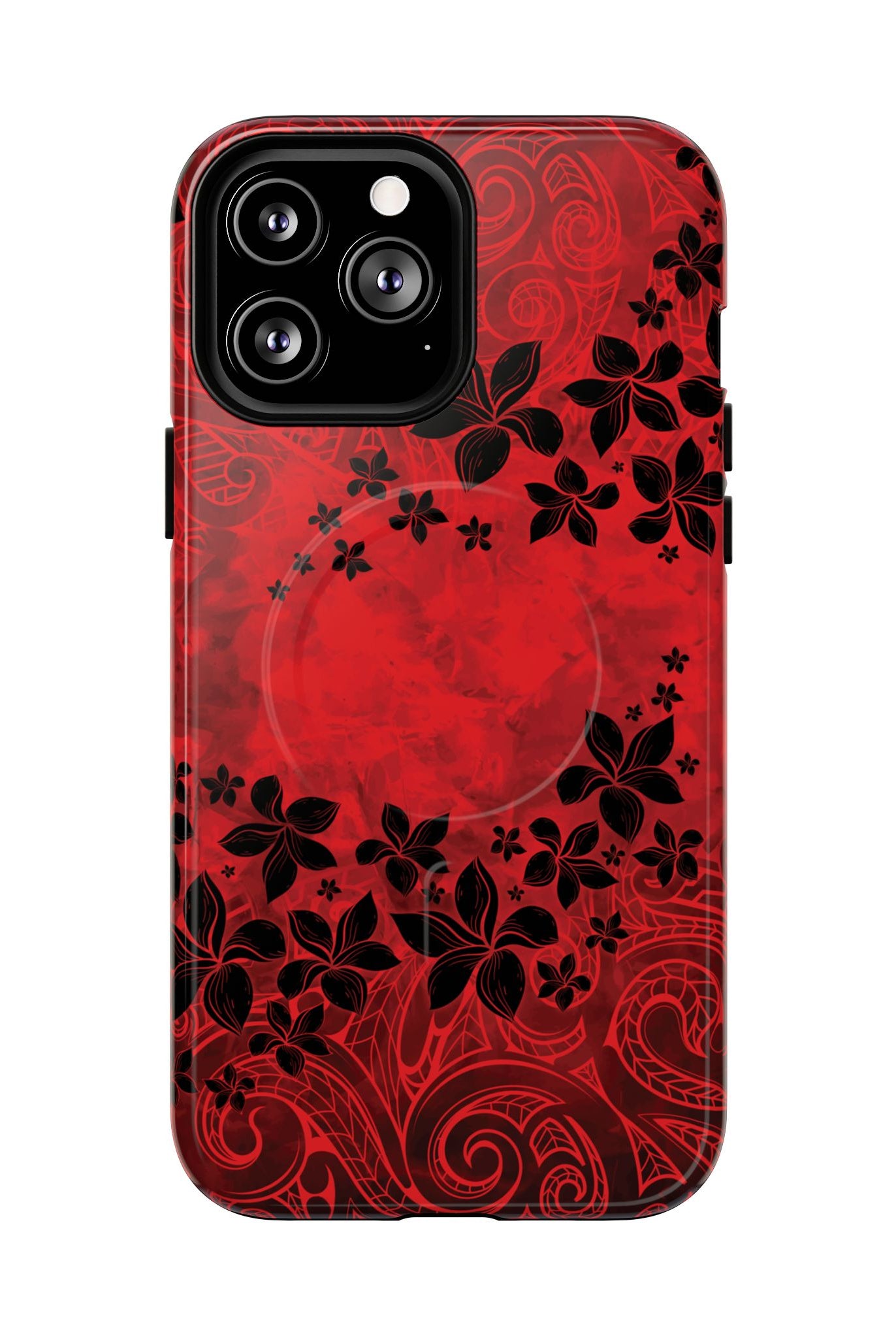 Woman holding Keahi Pua MagSafe iPhone Case - Hawaiian Fire Flower Red Tribal Floral Design - The Local Banyan