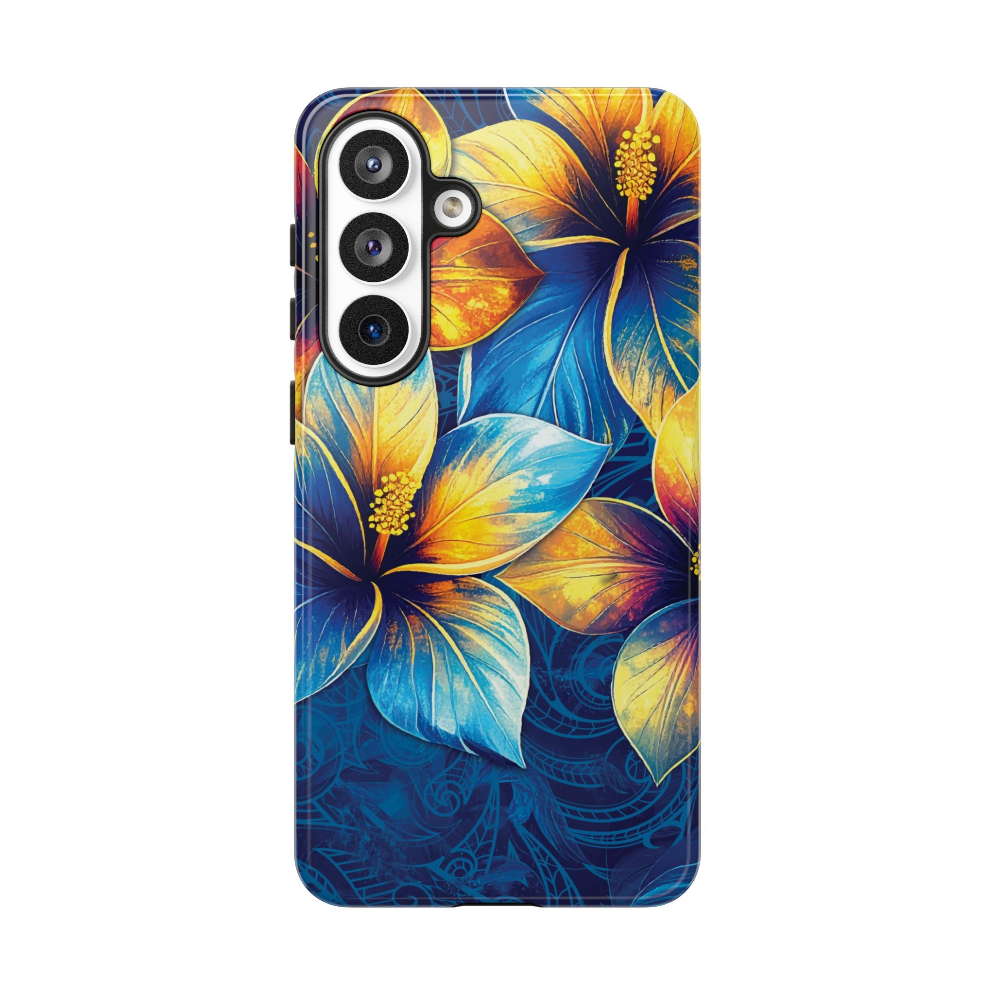 Pua La Tough Samsung Galaxy Case Detail View - Hawaiian Golden Hibiscus Sun Flower Sapphire Design Close Up - The Local Banyan