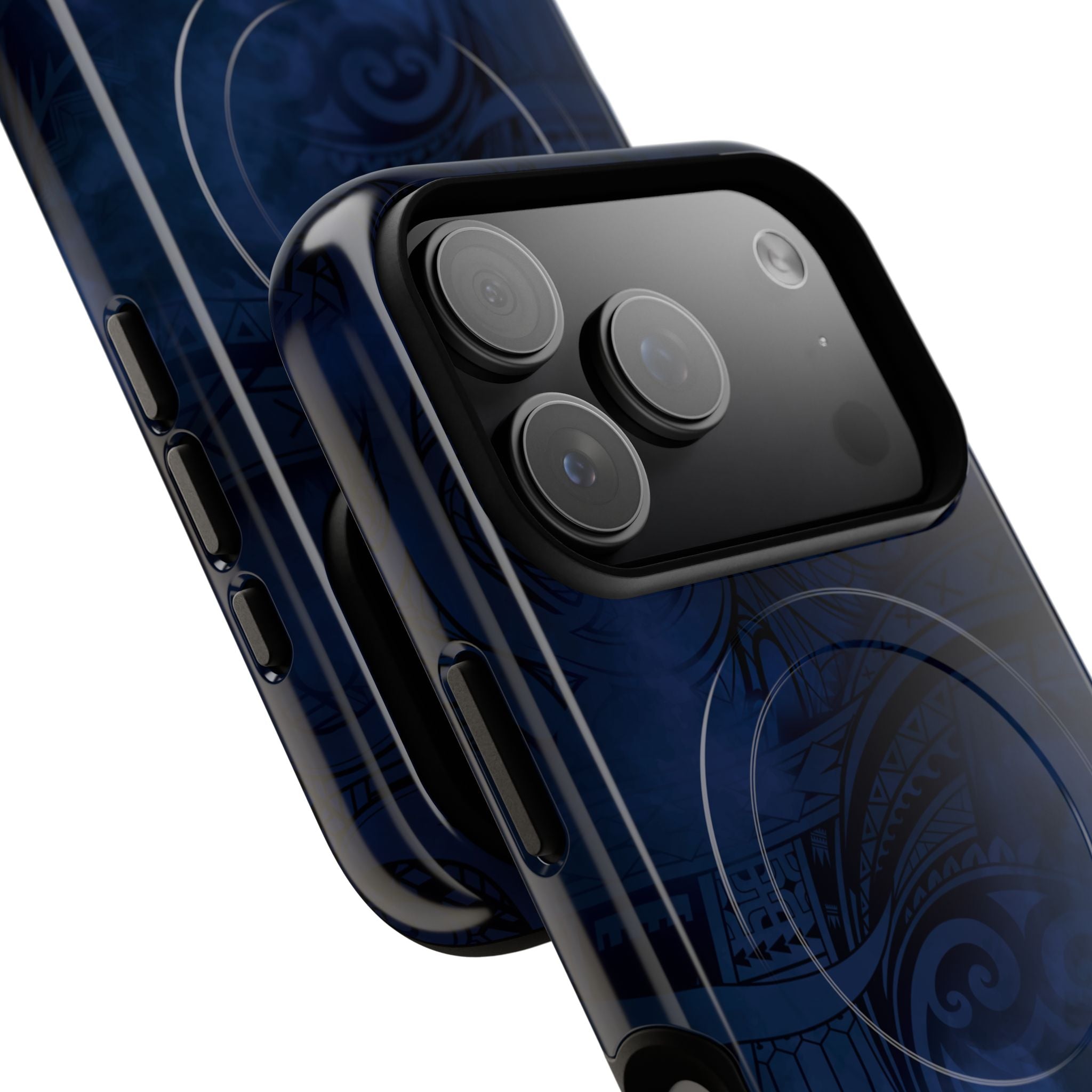 Woman holding Midnight Essence MagSafe iPhone Case - Hawaiian Midnight Navy Polynesian Tribal Design - The Local Banyan