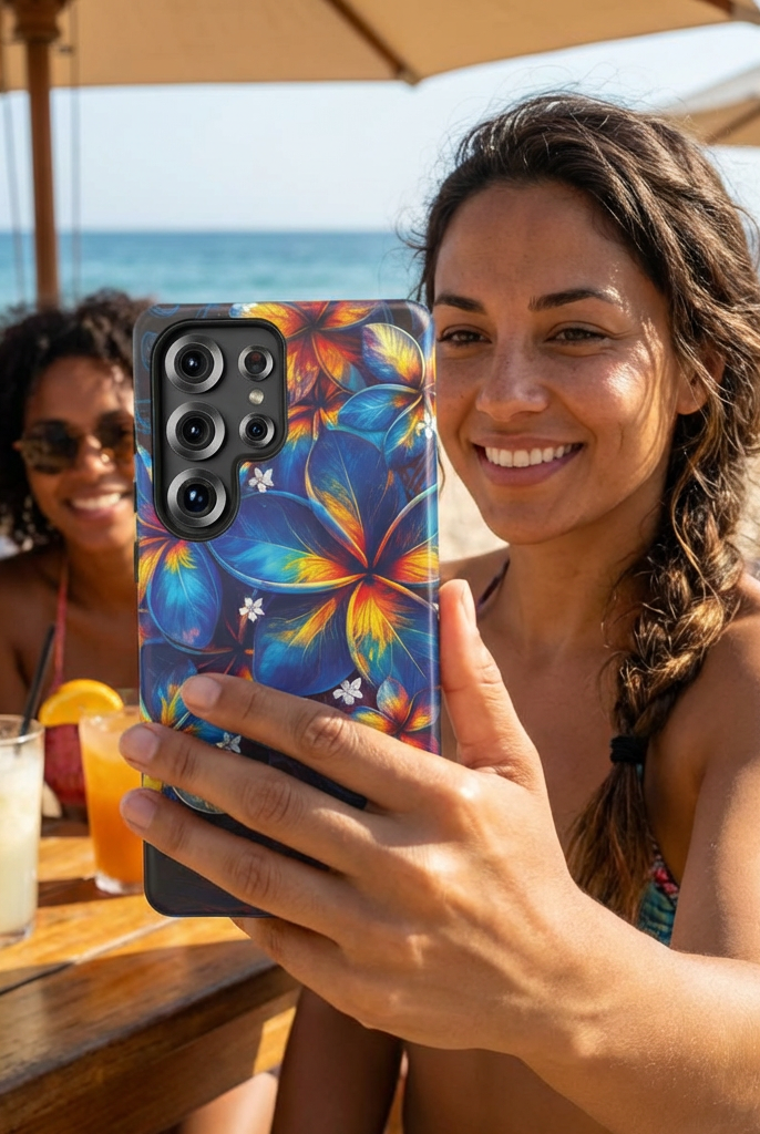 Nohea Twilight Tough Samsung Galaxy Case Samsung Galaxy S25 Ultra Matte - Hawaiian Blue Orange Plumeria Twilight Design - The Local Banyan