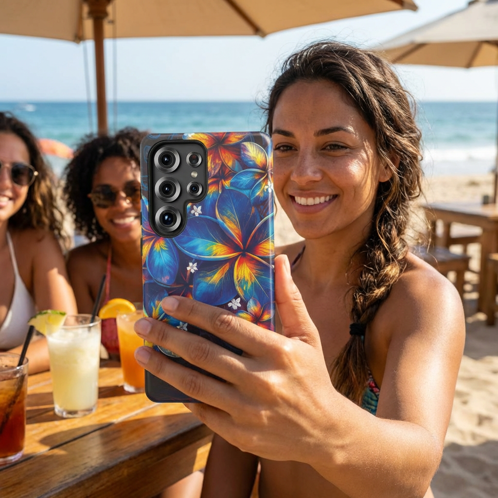 Nohea Twilight Tough Samsung Galaxy Case Samsung Galaxy S25 Ultra Matte - Hawaiian Blue Orange Plumeria Twilight Design - The Local Banyan