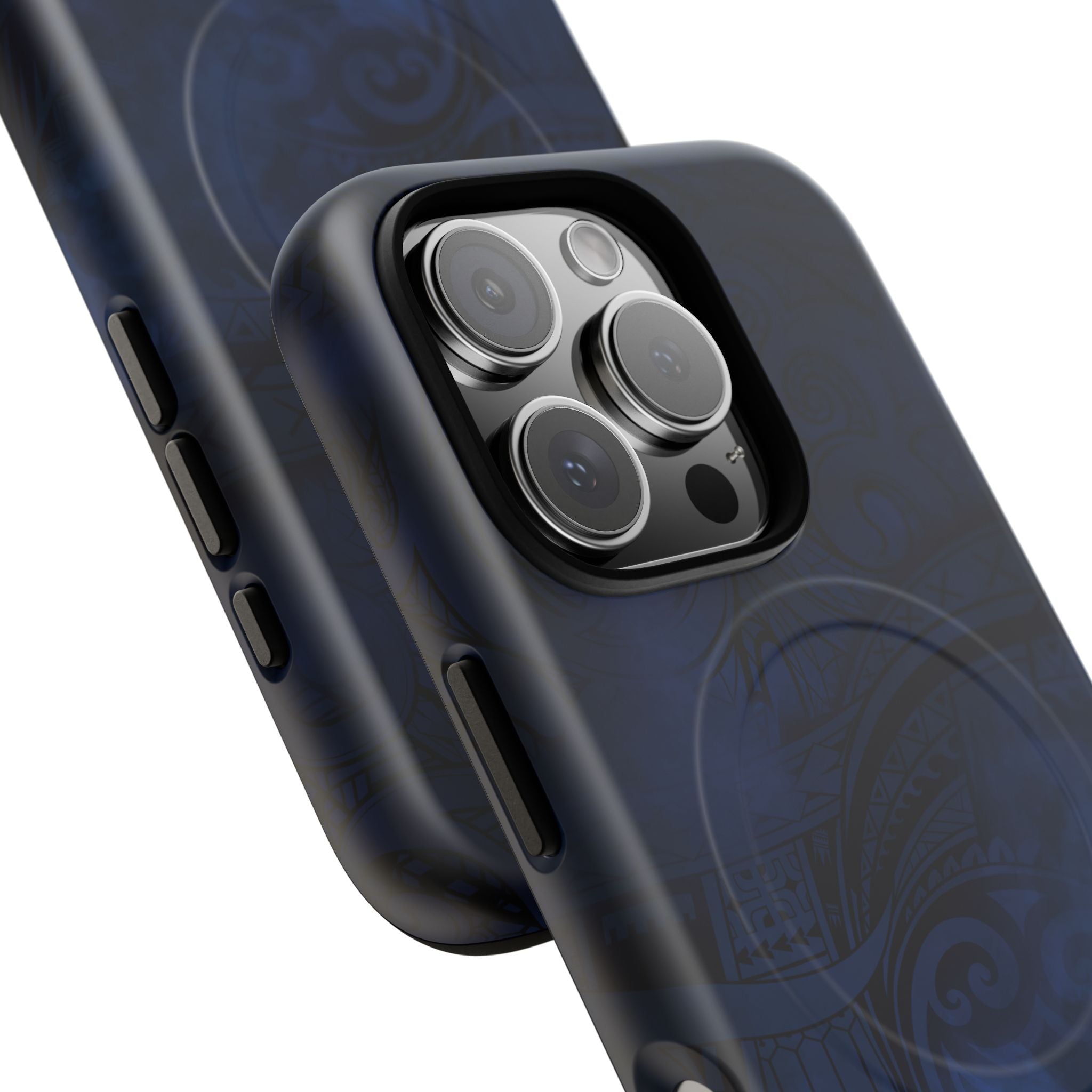 Woman holding Midnight Essence MagSafe iPhone Case - Hawaiian Midnight Navy Polynesian Tribal Design - The Local Banyan