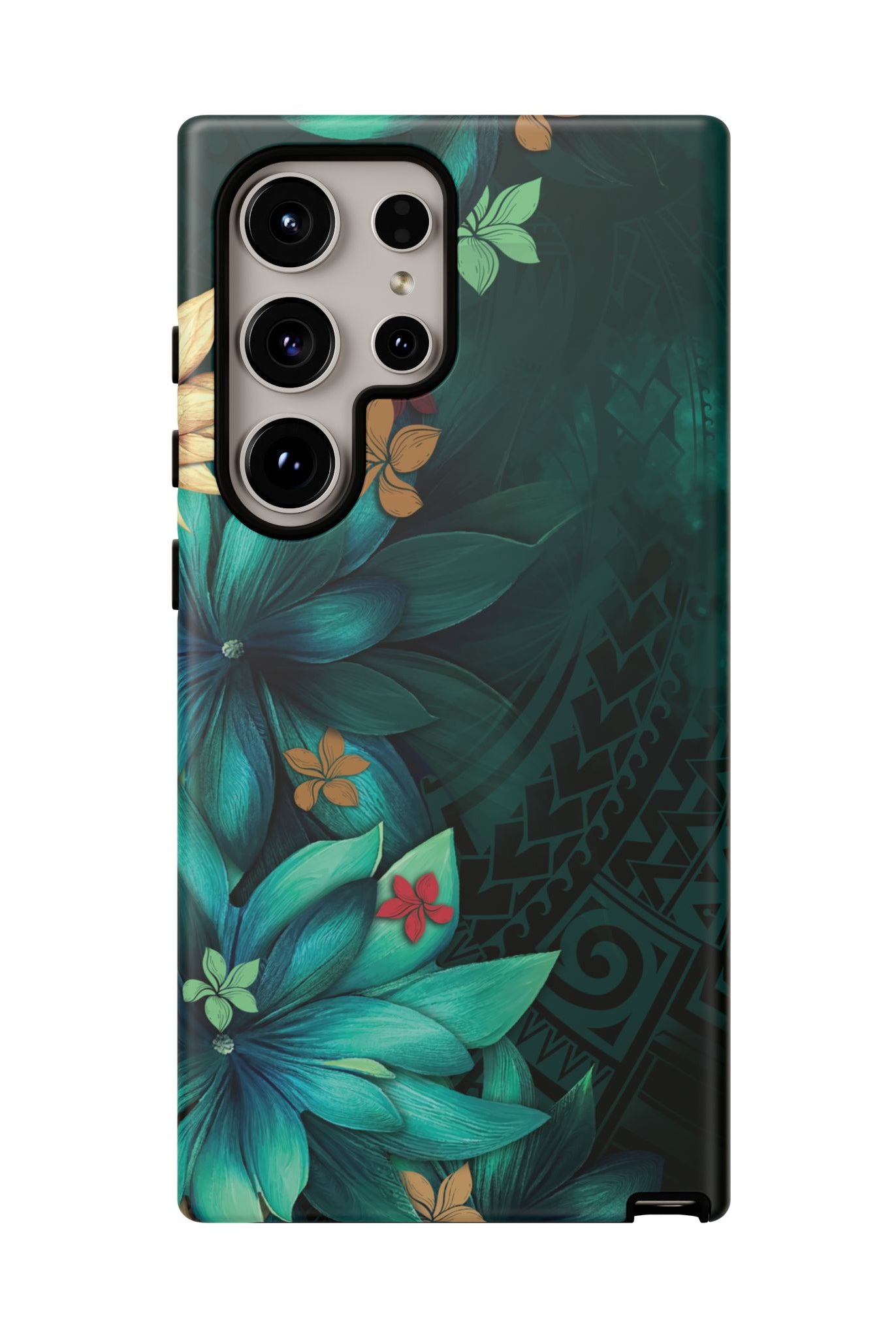 Aloha Whispers Tough Samsung Galaxy Case Detail View - Hawaiian Abstract Green Floral Polynesian Design Close Up - The Local Banyan