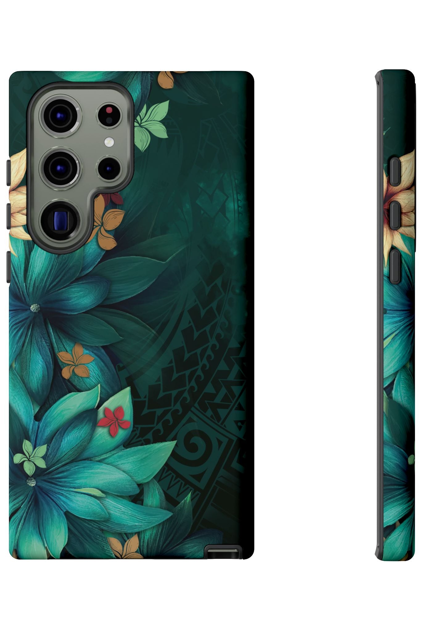 Aloha Whispers Tough Samsung Galaxy Case Detail View - Hawaiian Abstract Green Floral Polynesian Design Close Up - The Local Banyan
