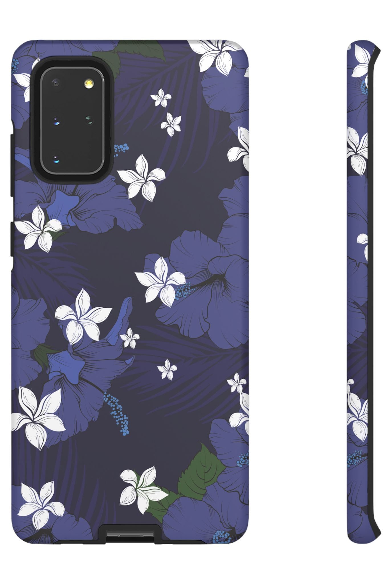 Vintage Blue Tough Samsung Galaxy Case Samsung Galaxy S20+ Matte - Hawaiian Indigo Hibiscus White Plumeria Design - The Local Banyan