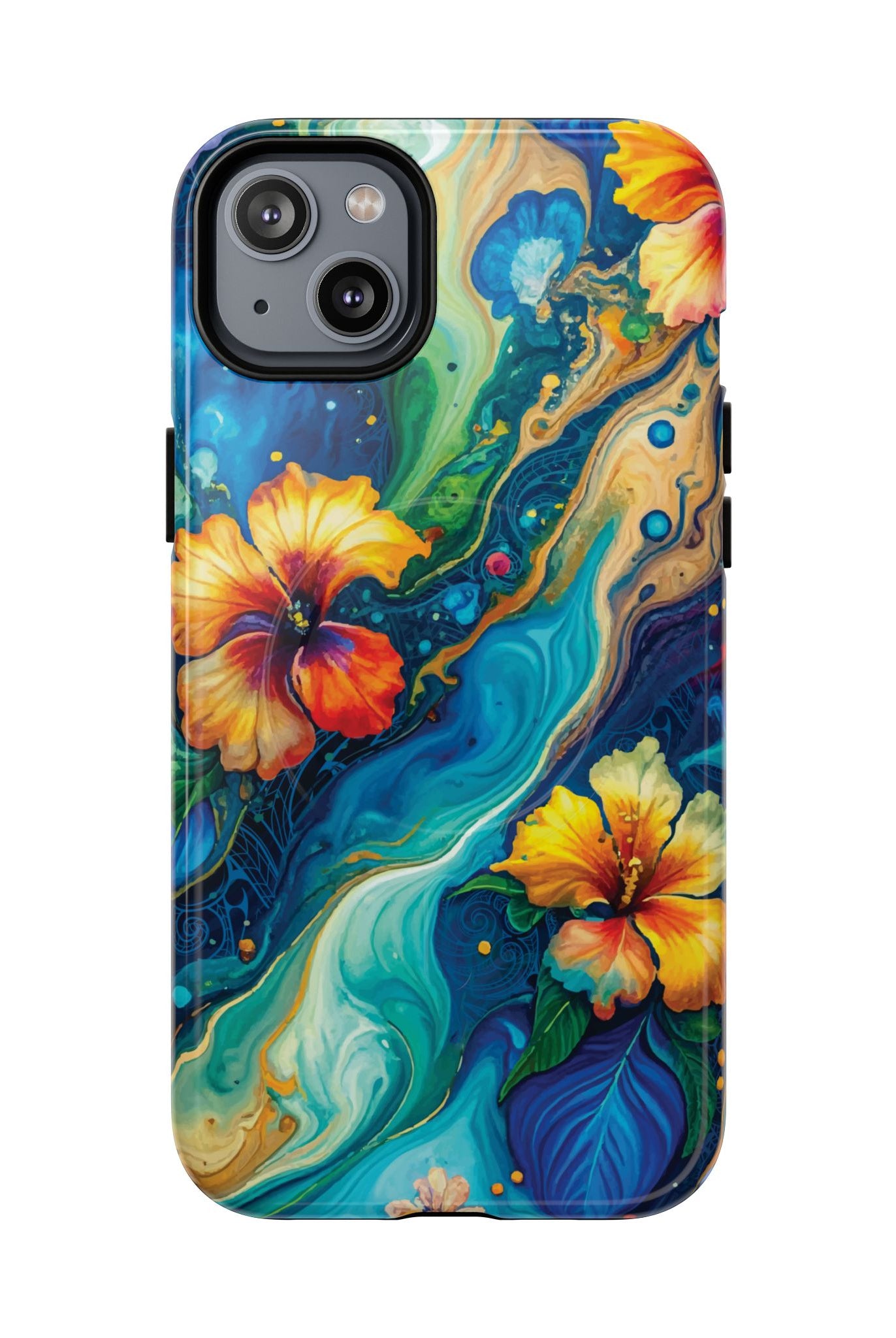 Aloalo Drift MagSafe iPhone Case iPhone 14 Plus Glossy - Hawaiian Hibiscus Teal Ocean Wave Design - The Local Banyan