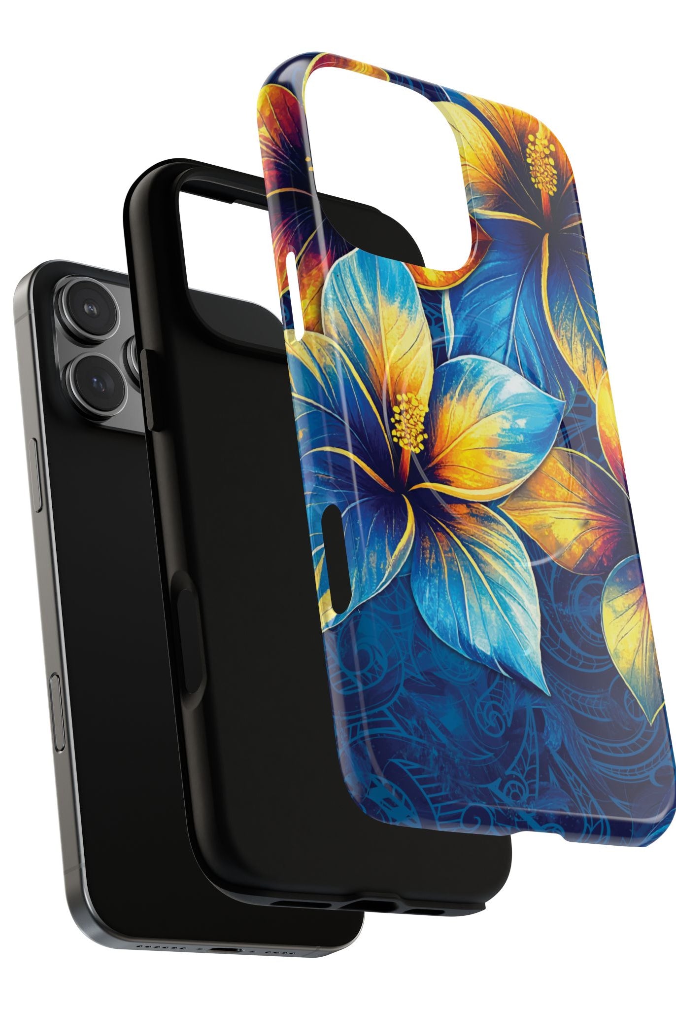 Woman holding Pua La MagSafe iPhone Case - Hawaiian Golden Hibiscus Sun Flower Sapphire Design - The Local Banyan