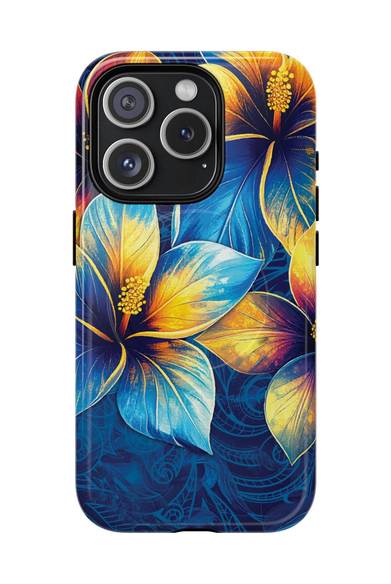 Pua La MagSafe iPhone Case iPhone 15 Pro Glossy - Hawaiian Golden Hibiscus Sun Flower Sapphire Design - The Local Banyan