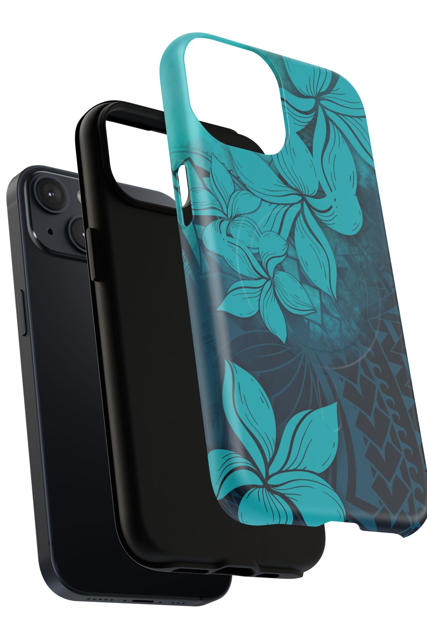Woman holding Moana Bloom MagSafe iPhone Case - Hawaiian Teal Plumeria Ocean Tribal Design - The Local Banyan