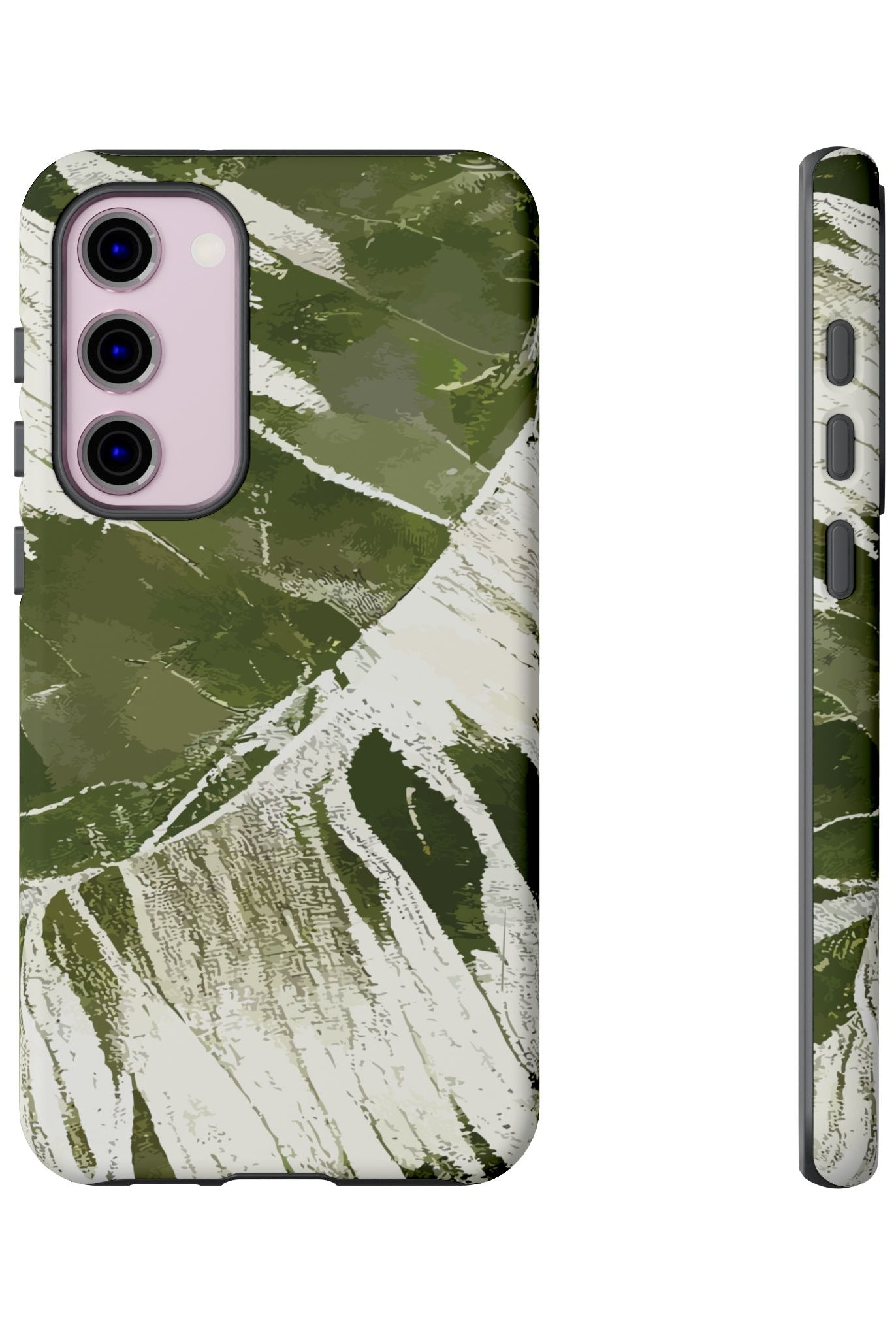 Woman holding Island Breeze Tough Samsung Galaxy Case - Hawaiian Palm Leaf Olive Green Botanical Design - The Local Banyan