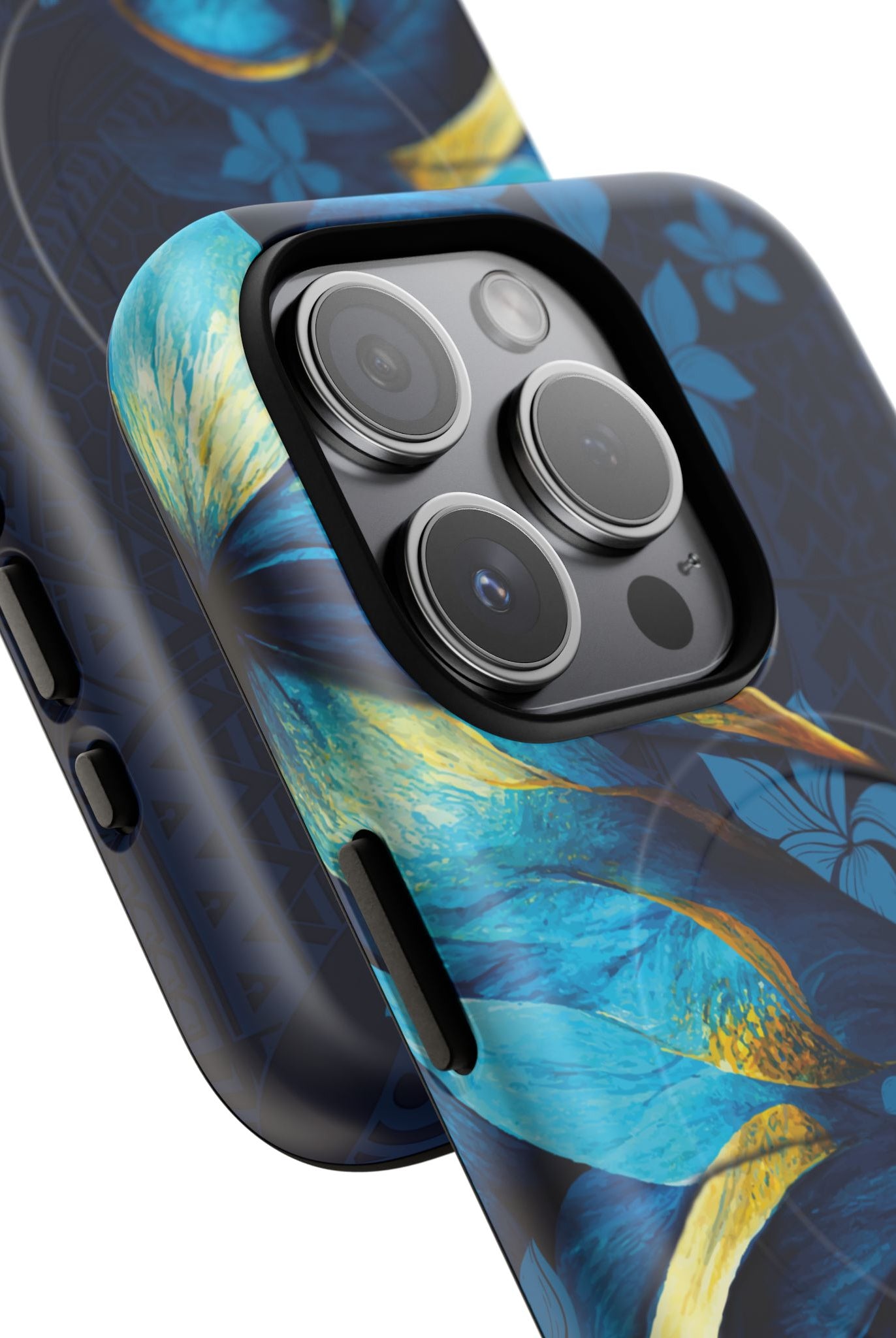 Po Mahina MagSafe iPhone Case Detail View - Hawaiian Moonlit Teal Gold Floral Design Close Up - The Local Banyan