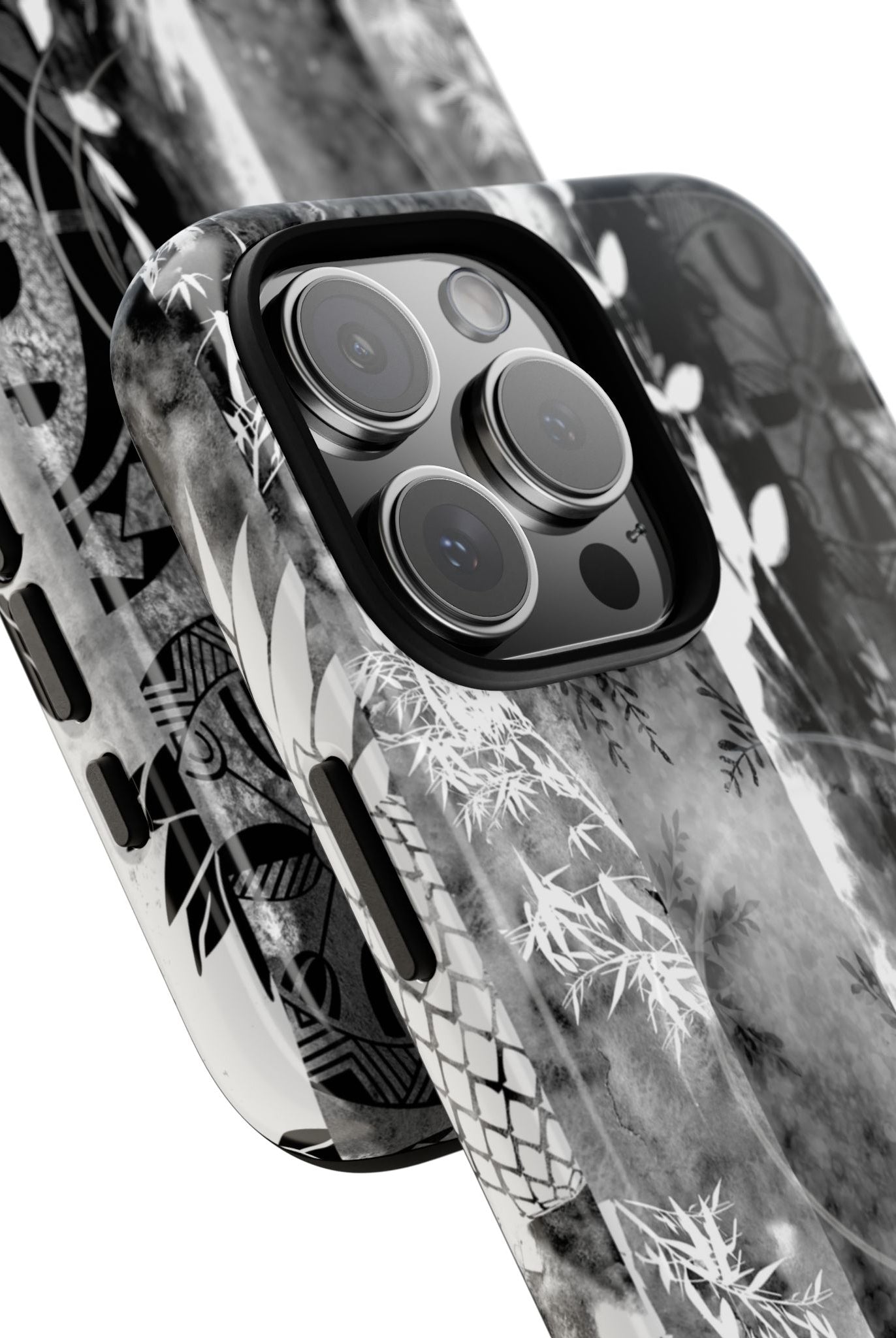 Monochrome Oasis MagSafe iPhone Case Detail View - Hawaiian Black White Botanical Tribal Design Close Up - The Local Banyan