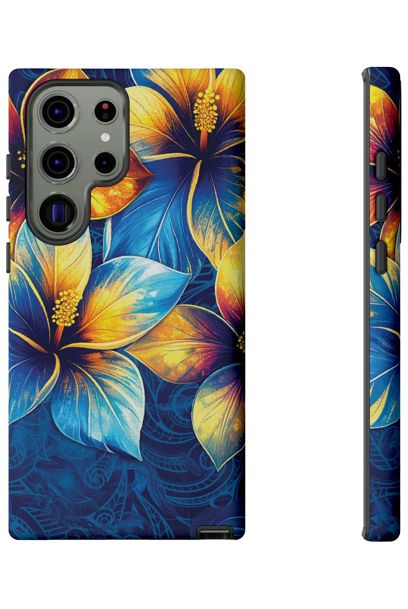 Pua La Tough Samsung Galaxy Case Detail View - Hawaiian Golden Hibiscus Sun Flower Sapphire Design Close Up - The Local Banyan