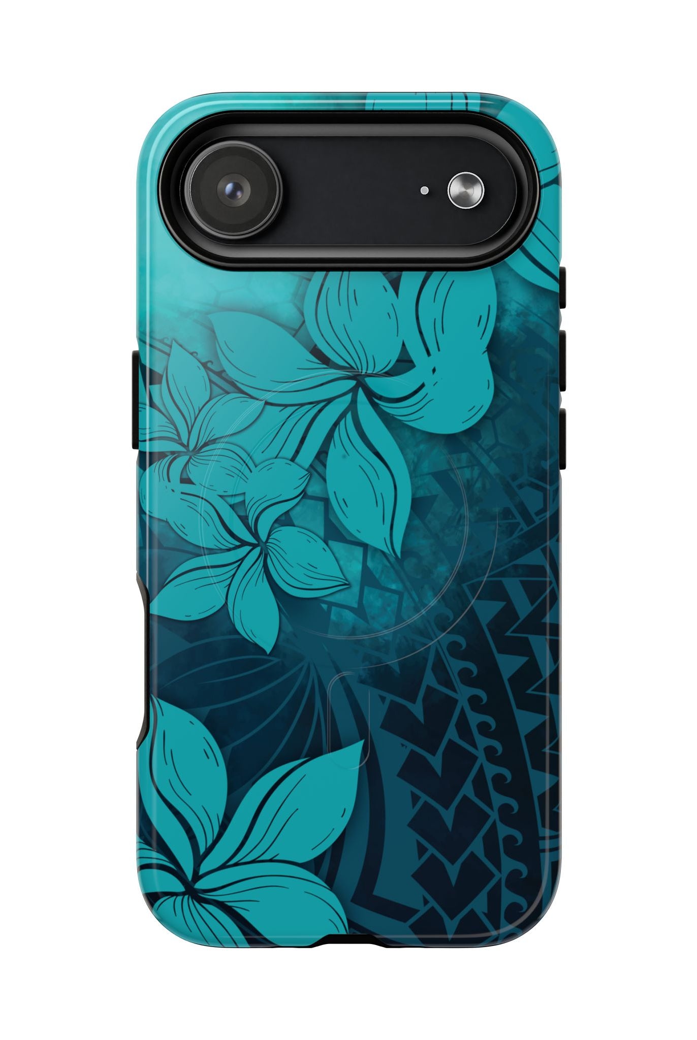 Moana Bloom MagSafe iPhone Case Detail View - Hawaiian Teal Plumeria Ocean Tribal Design Close Up - The Local Banyan