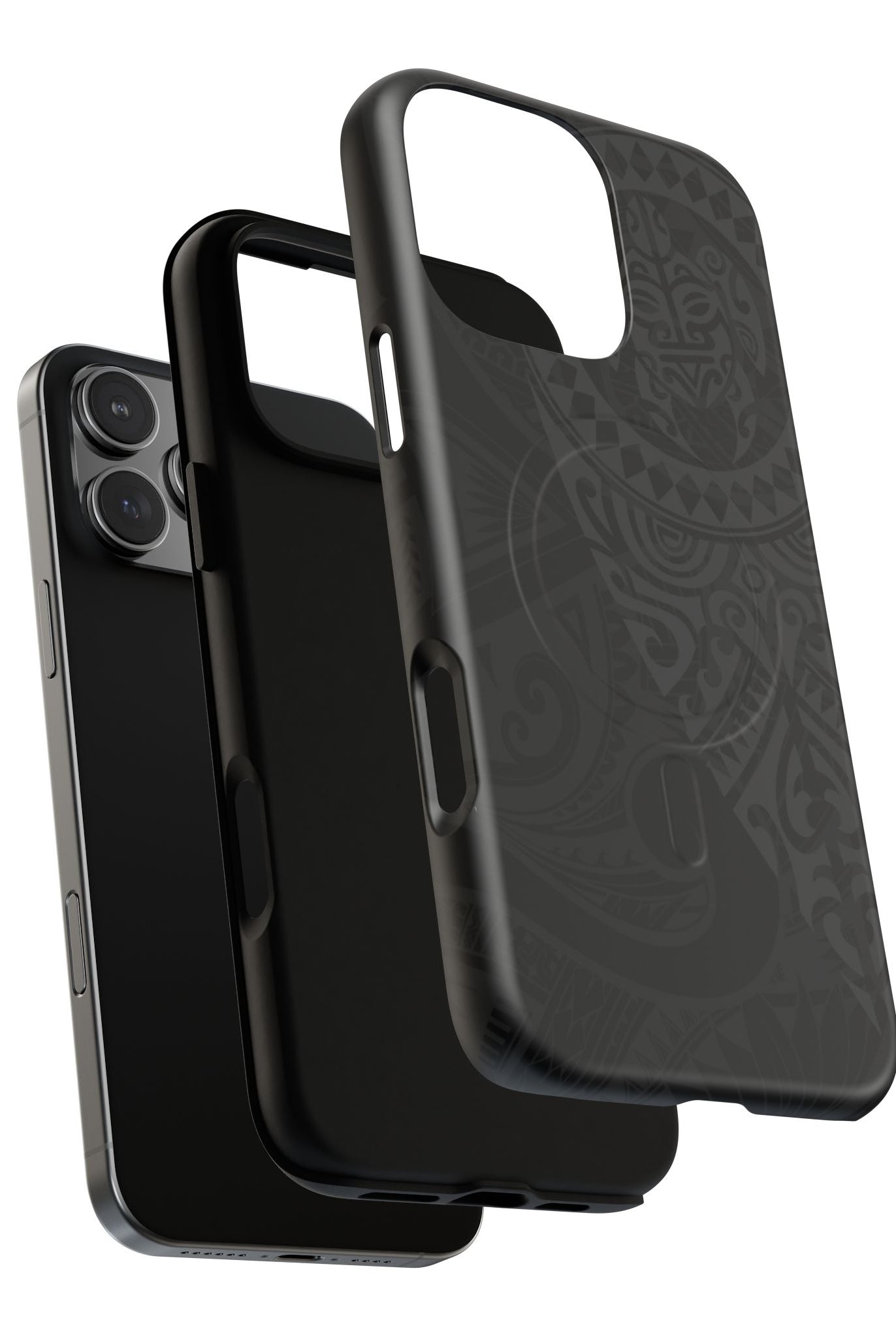 Woman holding Tribal Guardian MagSafe iPhone Case - Hawaiian Black on Black Polynesian Tribal Design - The Local Banyan
