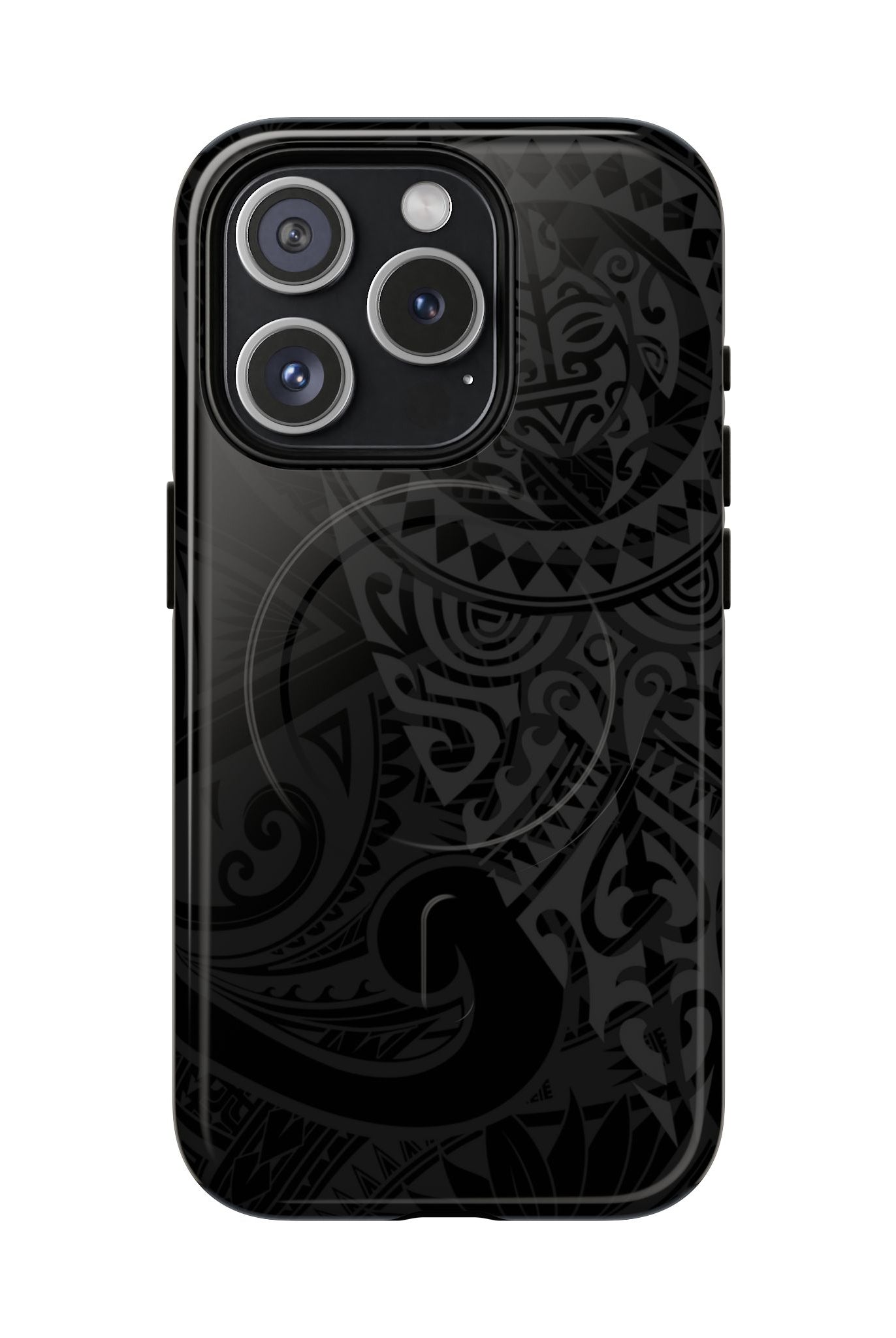 Tribal Guardian MagSafe iPhone Case iPhone 15 Pro Glossy - Hawaiian Black on Black Polynesian Tribal Design - The Local Banyan