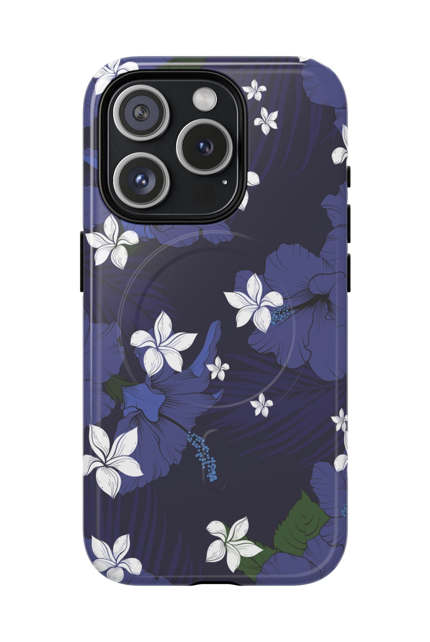 Vintage Blue MagSafe iPhone Case iPhone 15 Pro Glossy - Hawaiian Indigo Hibiscus White Plumeria Design - The Local Banyan