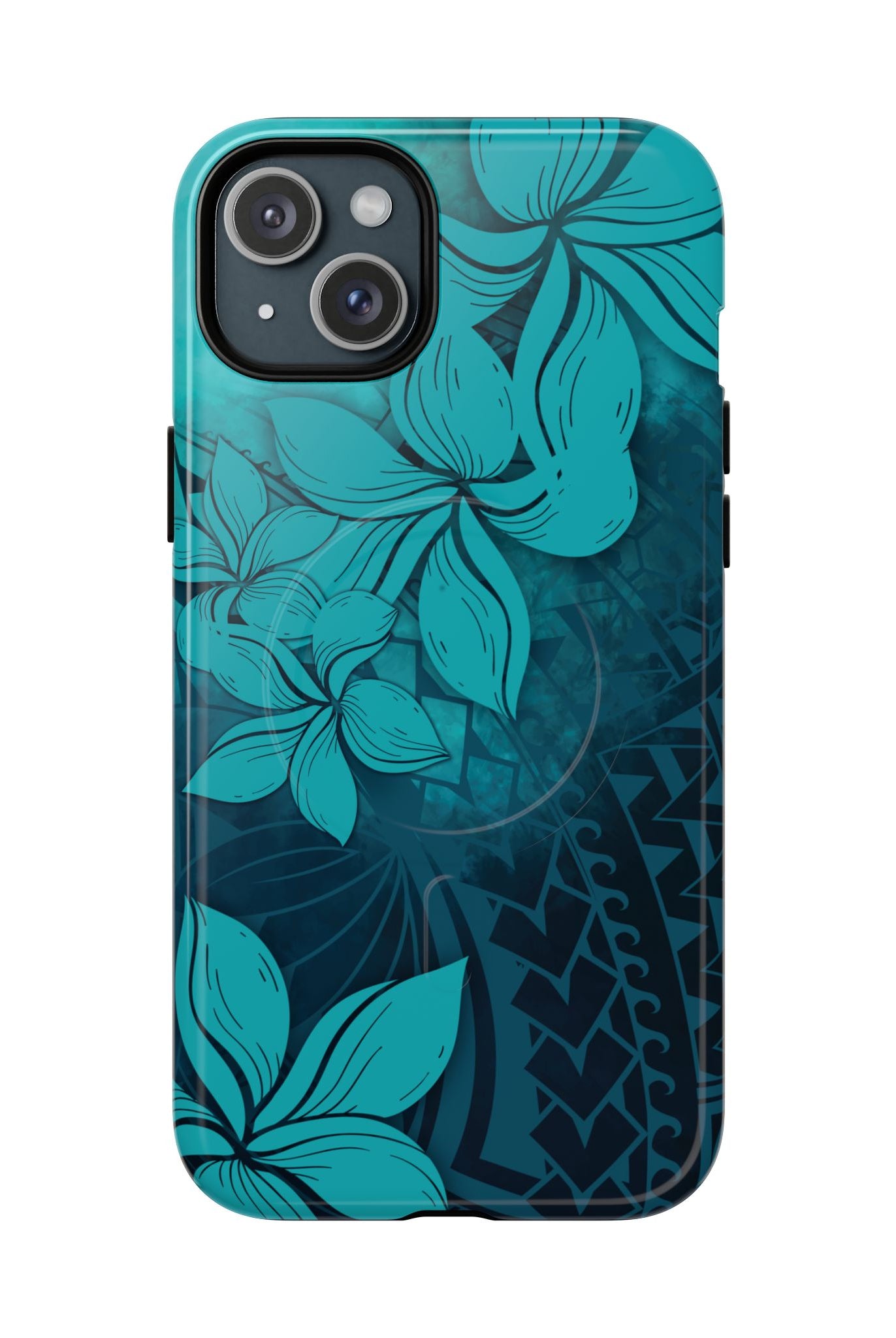 Moana Bloom MagSafe iPhone Case iPhone 15 Plus Glossy - Hawaiian Teal Plumeria Ocean Tribal Design - The Local Banyan