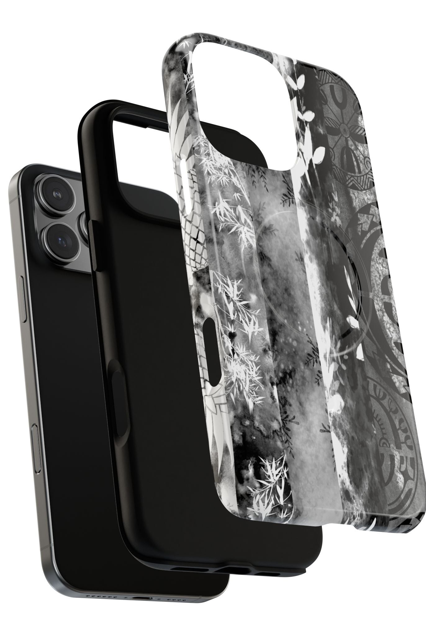Woman holding Monochrome Oasis MagSafe iPhone Case - Hawaiian Black White Botanical Tribal Design - The Local Banyan
