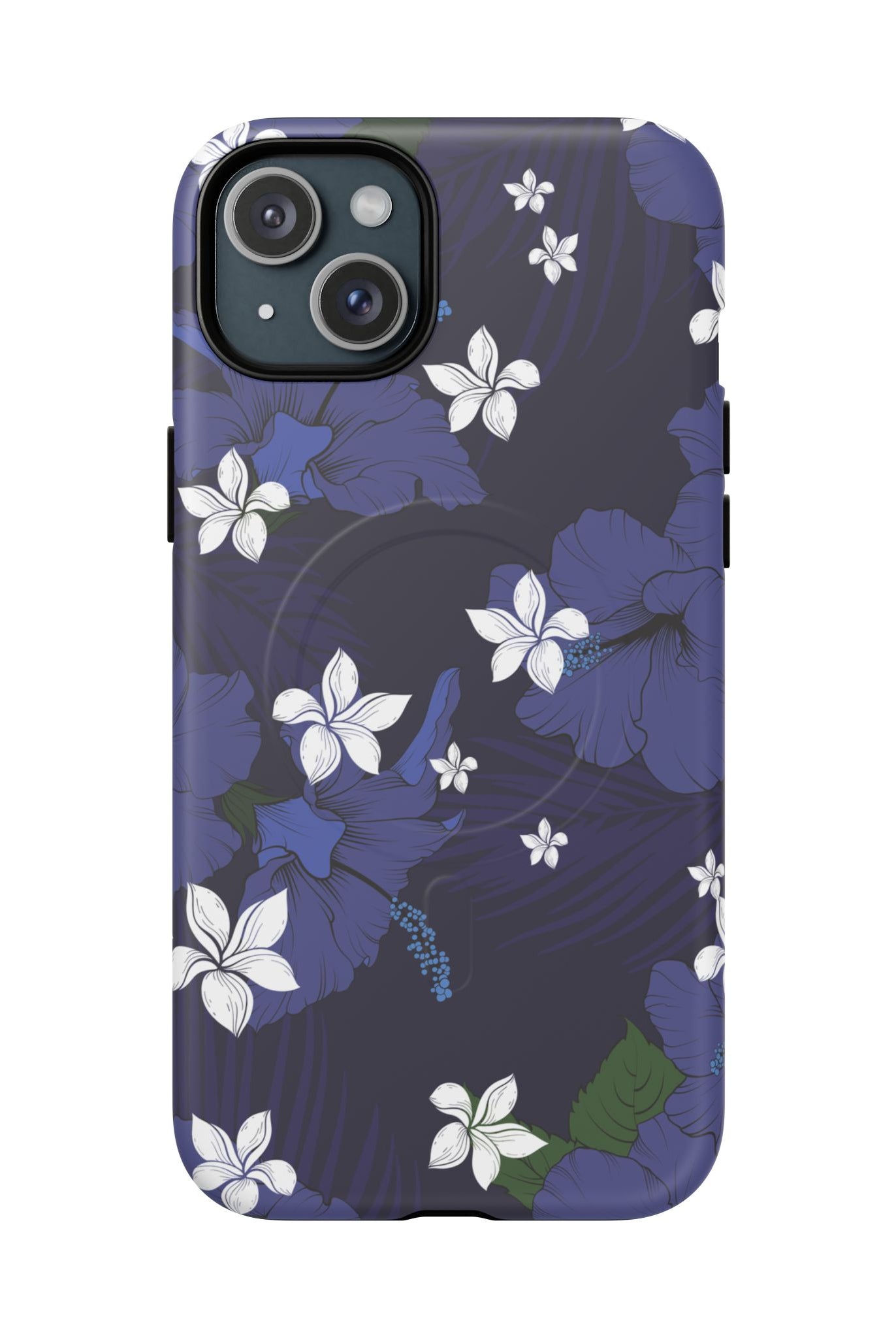 Vintage Blue MagSafe iPhone Case iPhone 15 Plus Matte - Hawaiian Indigo Hibiscus White Plumeria Design - The Local Banyan