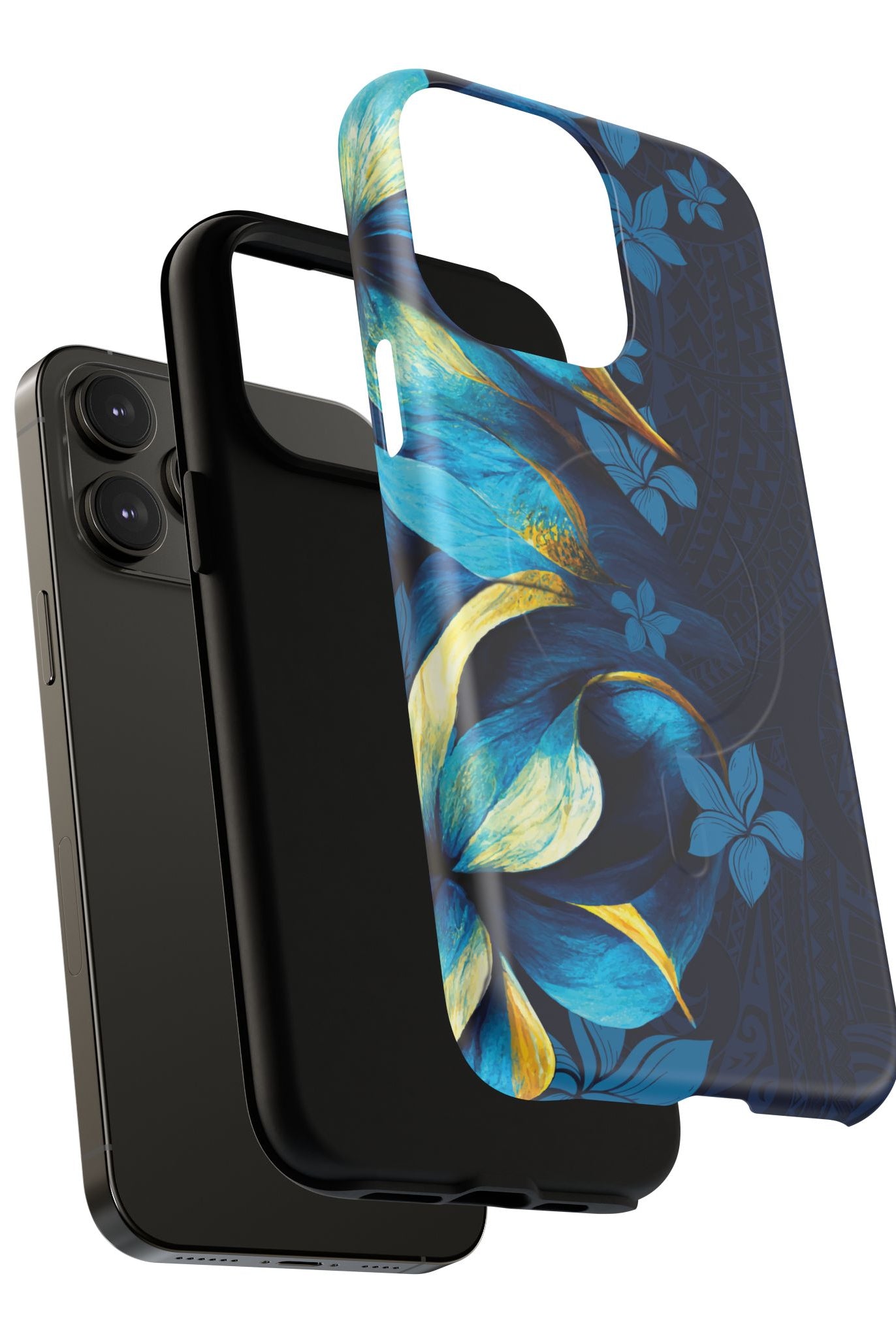 Woman holding Po Mahina MagSafe iPhone Case - Hawaiian Moonlit Teal Gold Floral Design - The Local Banyan