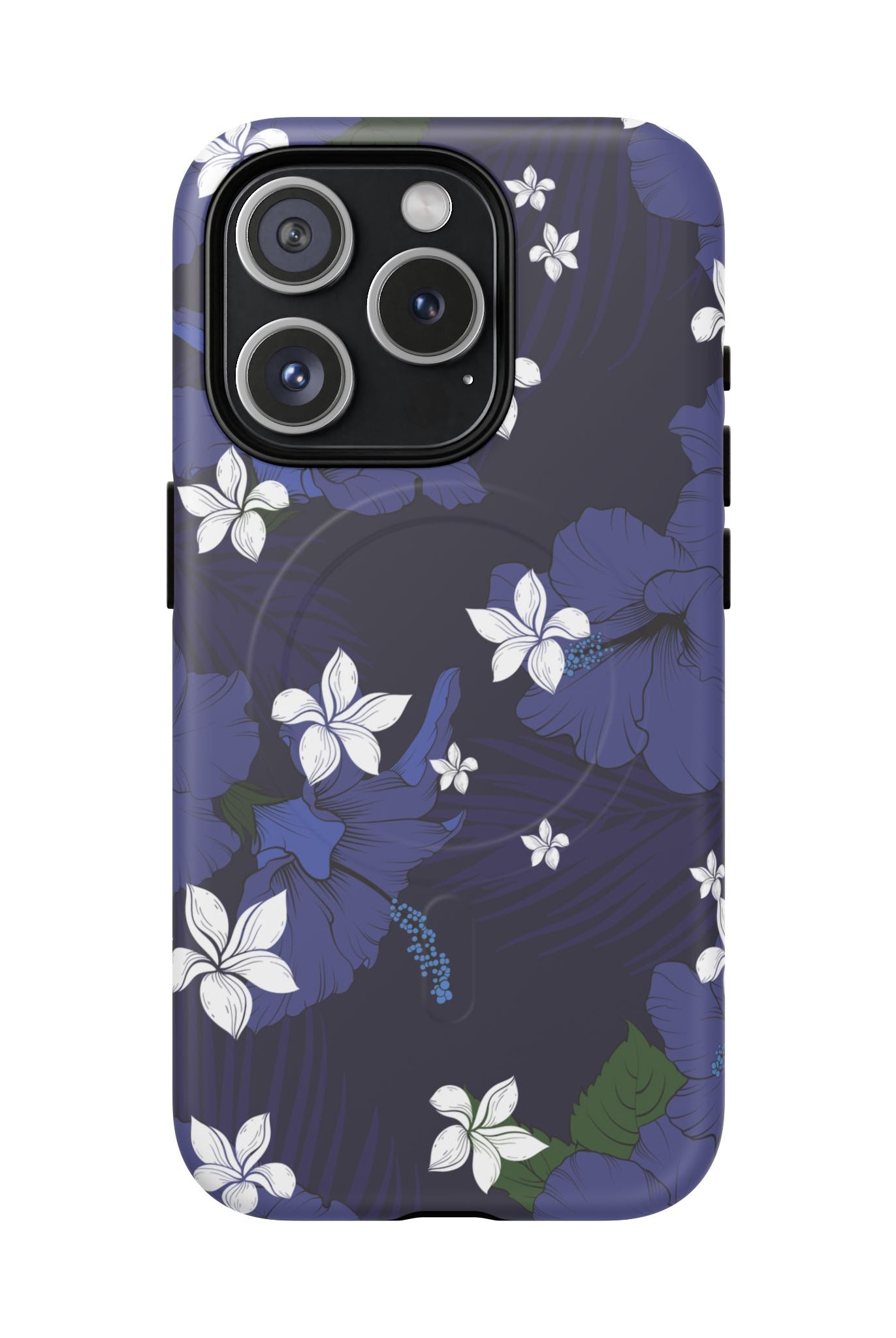 Vintage Blue MagSafe iPhone Case iPhone 15 Pro Matte - Hawaiian Indigo Hibiscus White Plumeria Design - The Local Banyan
