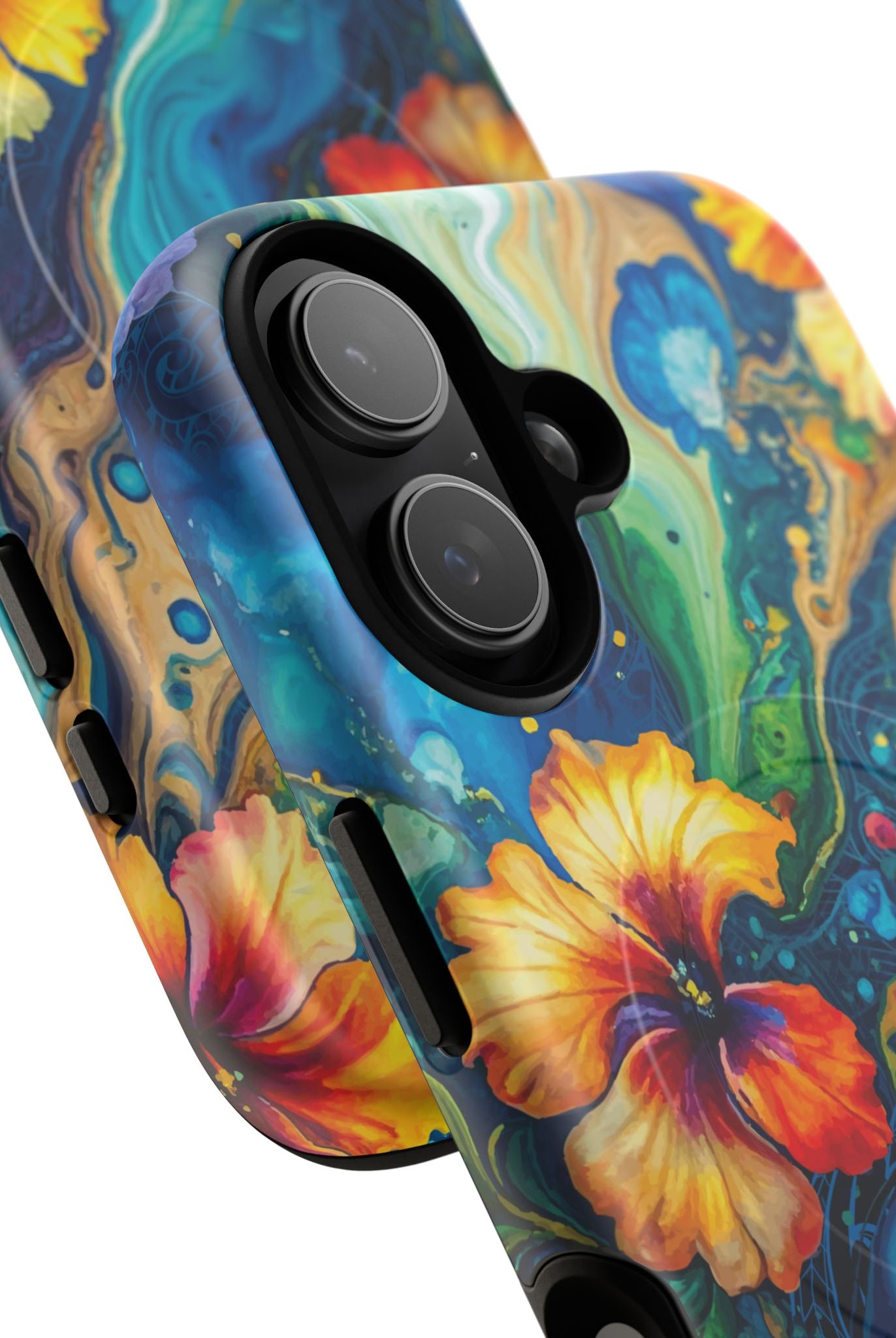 Aloalo Drift MagSafe iPhone Case Detail View - Hawaiian Hibiscus Teal Ocean Wave Design Close Up - The Local Banyan