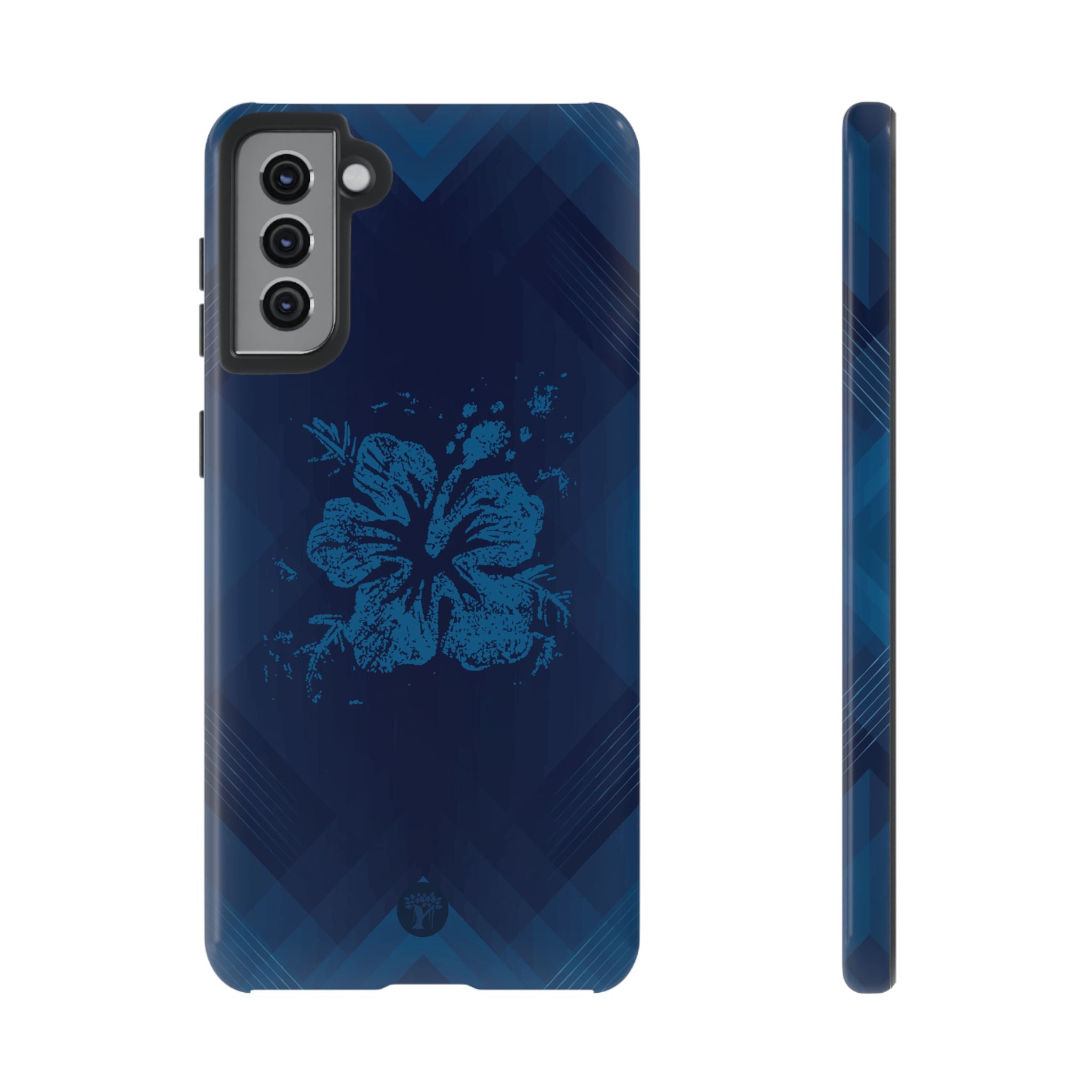 Kikokiko Lehua Tough Samsung Galaxy Case Samsung Galaxy S21 Plus Glossy - Hawaiian Navy Blue Geometric Hibiscus Design - The Local Banyan