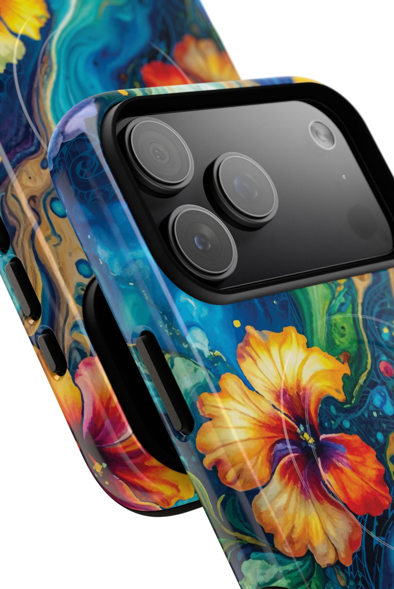 Aloalo Drift MagSafe iPhone Case Detail View - Hawaiian Hibiscus Teal Ocean Wave Design Close Up - The Local Banyan