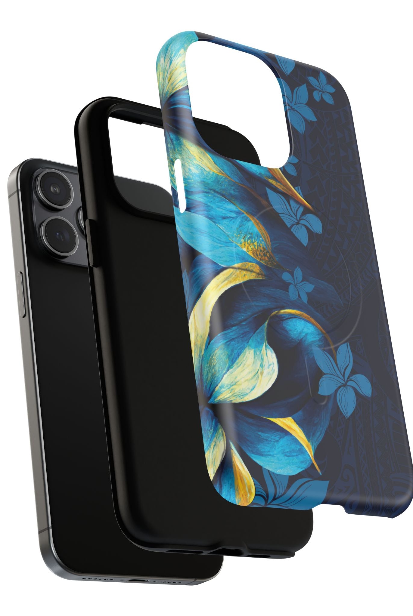Po Mahina MagSafe iPhone Case Detail View - Hawaiian Moonlit Teal Gold Floral Design Close Up - The Local Banyan