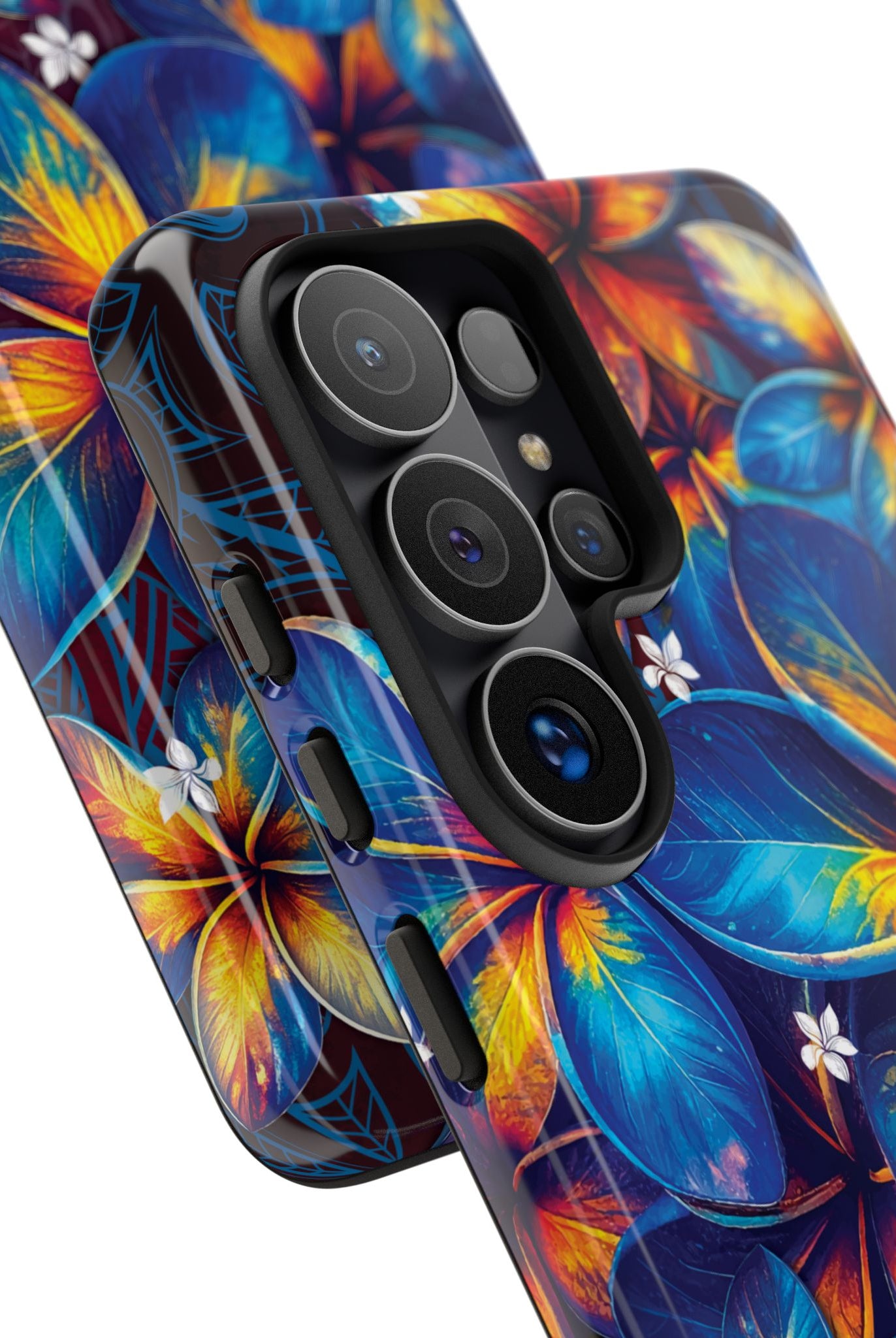Nohea Twilight Tough Samsung Galaxy Case Detail View - Hawaiian Blue Orange Plumeria Twilight Design Close Up - The Local Banyan