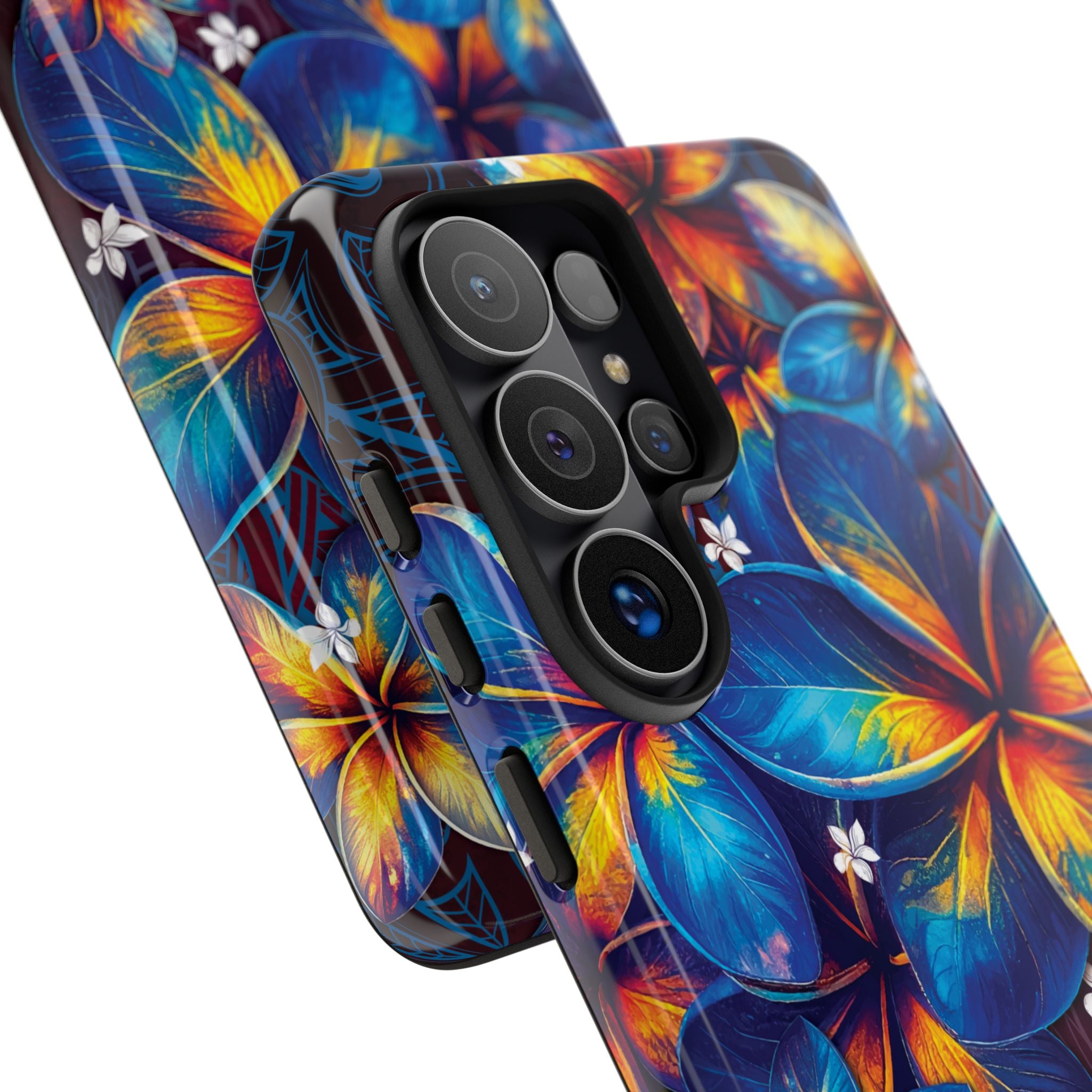 Nohea Twilight Tough Samsung Galaxy Case Detail View - Hawaiian Blue Orange Plumeria Twilight Design Close Up - The Local Banyan