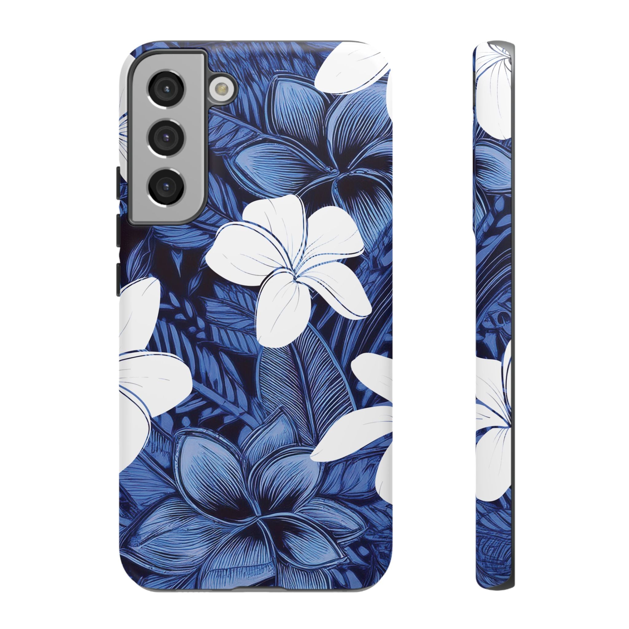 Eternal Blue Plumeria Tough Samsung Galaxy Case Side View - Dual Layer Drop Protection Hawaiian Phone Case - The Local Banyan