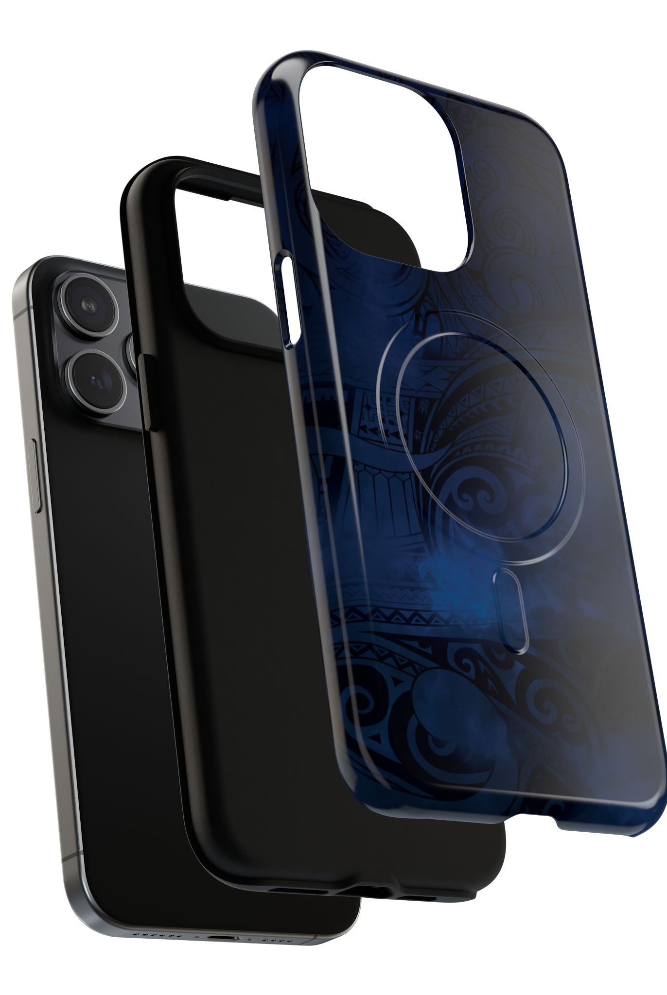 Woman holding Midnight Essence MagSafe iPhone Case - Hawaiian Midnight Navy Polynesian Tribal Design - The Local Banyan