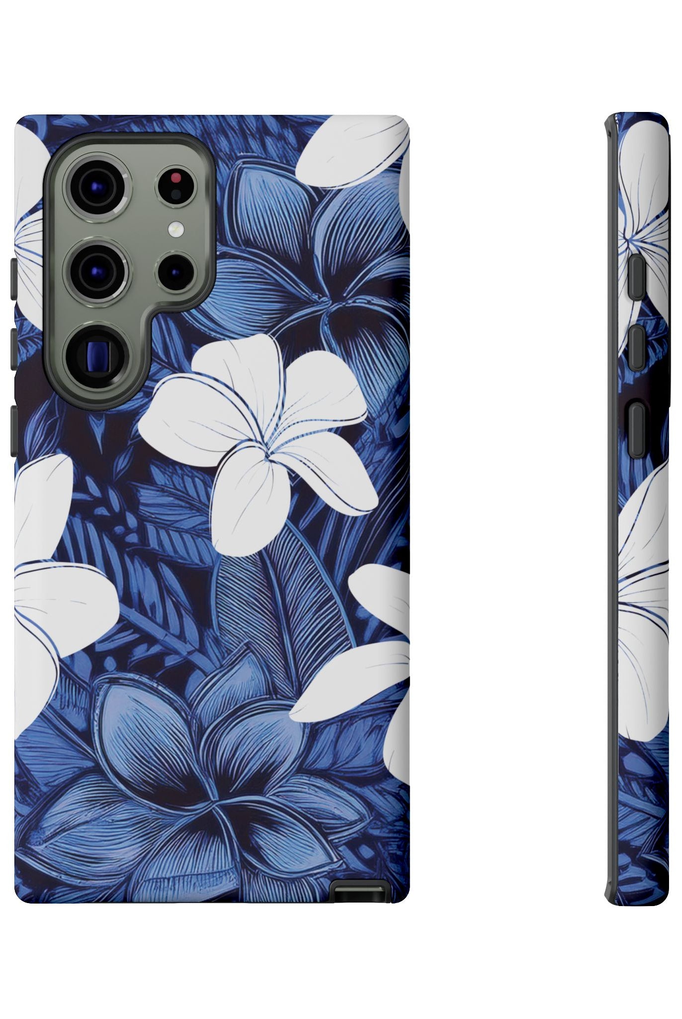 Woman holding Eternal Blue Plumeria Tough Samsung Galaxy Case - Hawaiian Blue Plumeria Ocean Floral Design - The Local Banyan