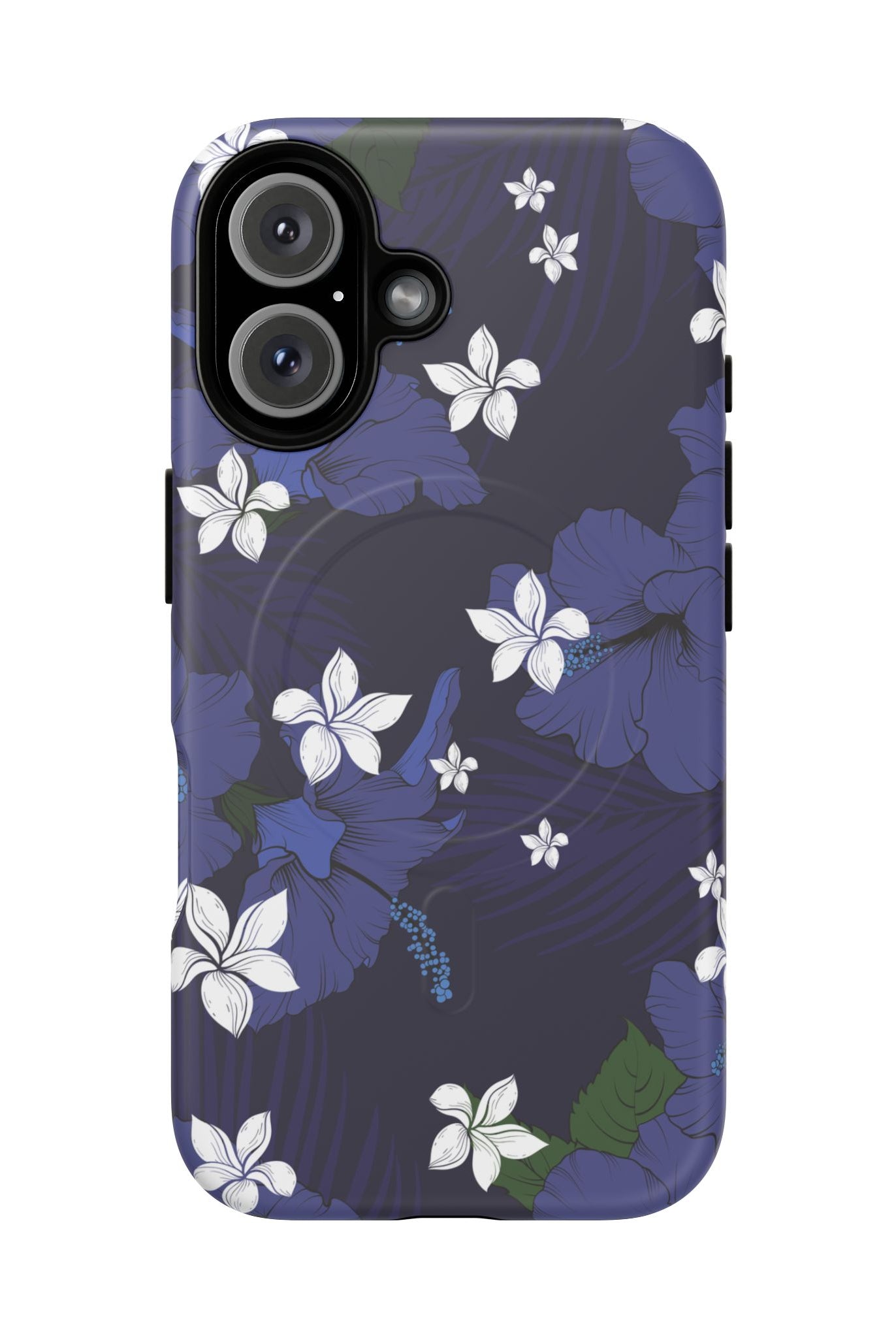 Vintage Blue MagSafe iPhone Case iPhone 16 Matte - Hawaiian Indigo Hibiscus White Plumeria Design - The Local Banyan