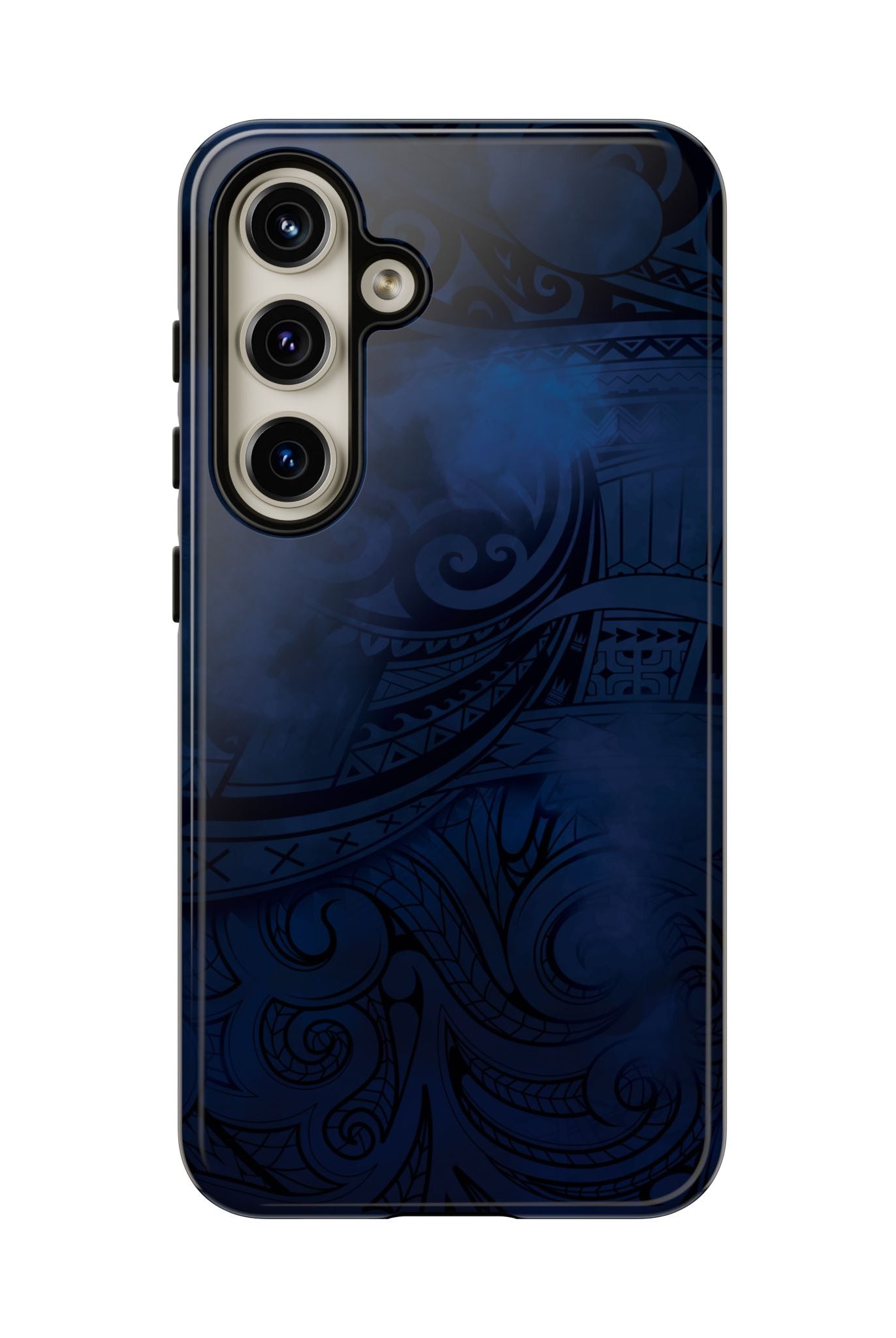 Woman holding Midnight Essence Tough Samsung Galaxy Case - Hawaiian Midnight Navy Polynesian Tribal Design - The Local Banyan