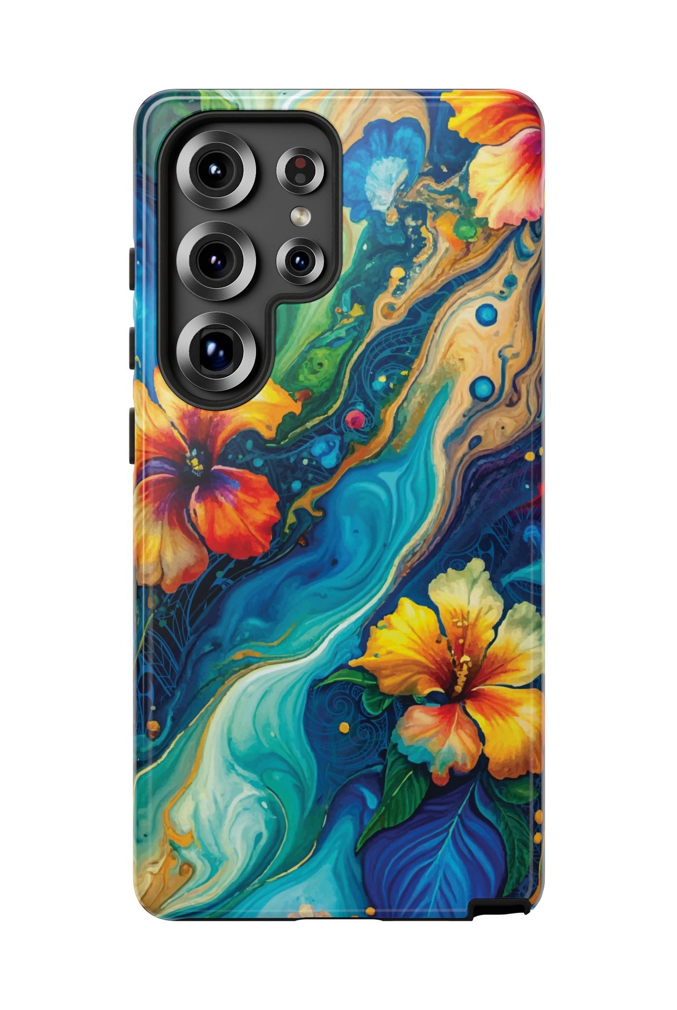 Woman holding Aloalo Drift Tough Samsung Galaxy Case - Hawaiian Hibiscus Teal Ocean Wave Design - The Local Banyan
