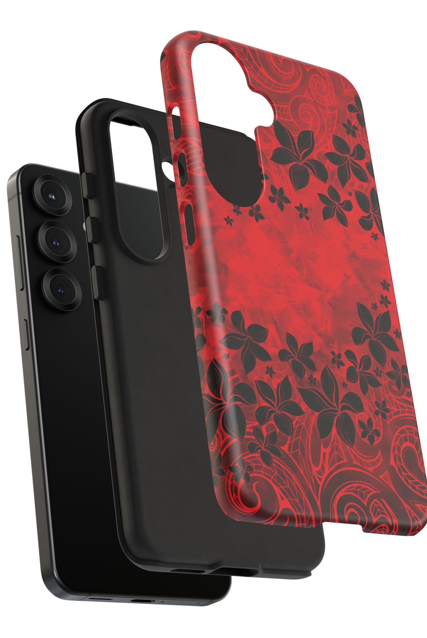 Woman holding Keahi Pua Tough Samsung Galaxy Case - Hawaiian Fire Flower Red Tribal Floral Design - The Local Banyan
