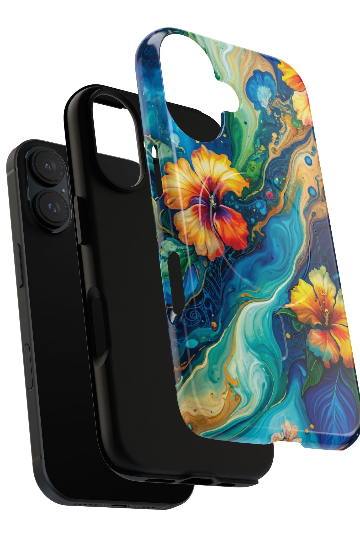 Woman holding Aloalo Drift MagSafe iPhone Case - Hawaiian Hibiscus Teal Ocean Wave Design - The Local Banyan