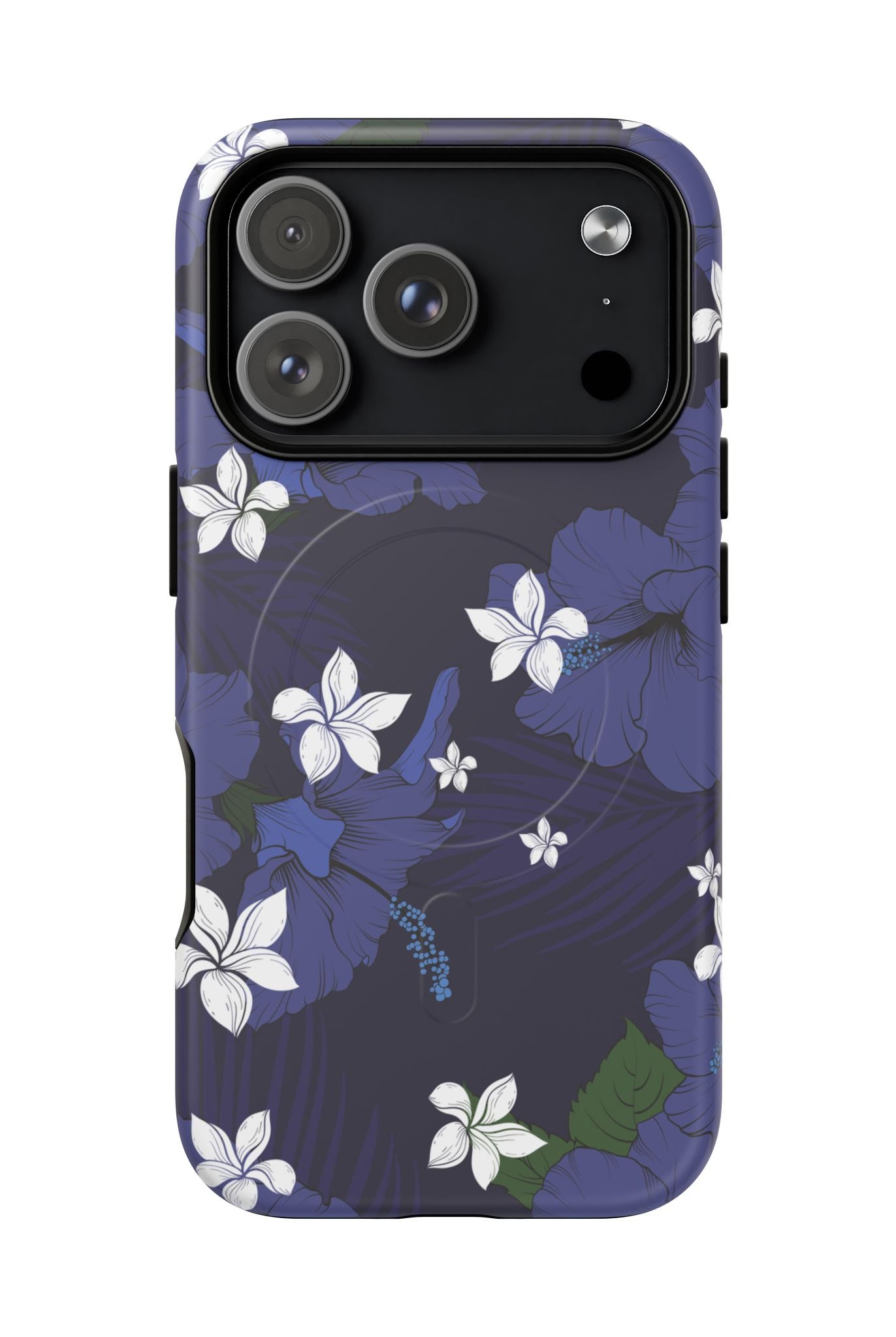 Vintage Blue MagSafe iPhone Case Detail View - Hawaiian Indigo Hibiscus White Plumeria Design Close Up - The Local Banyan