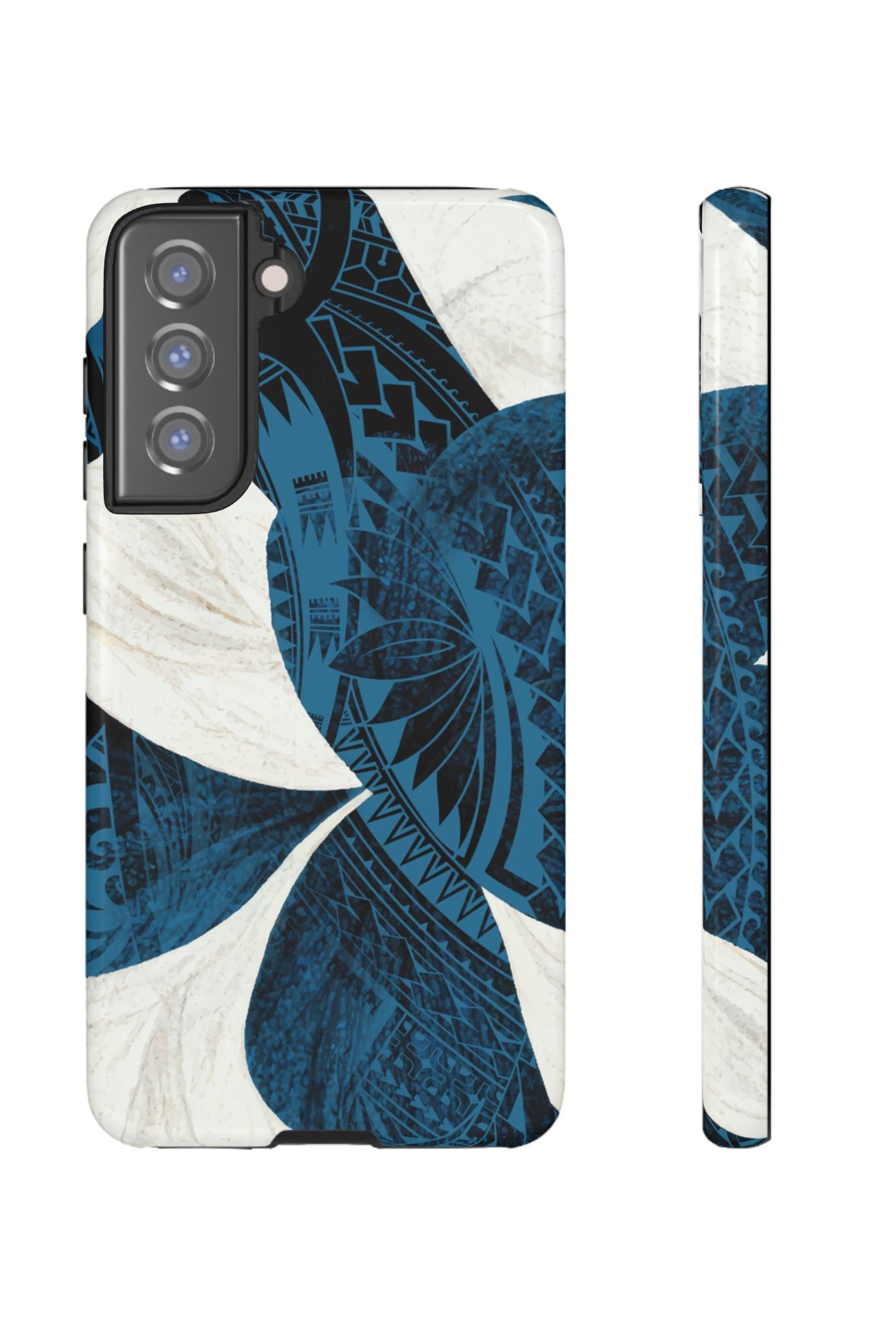 Hana Breeze Tough Samsung Galaxy Case Samsung Galaxy S21 FE Glossy - Hawaiian Blue Plumeria Polynesian Botanical Design - The Local Banyan
