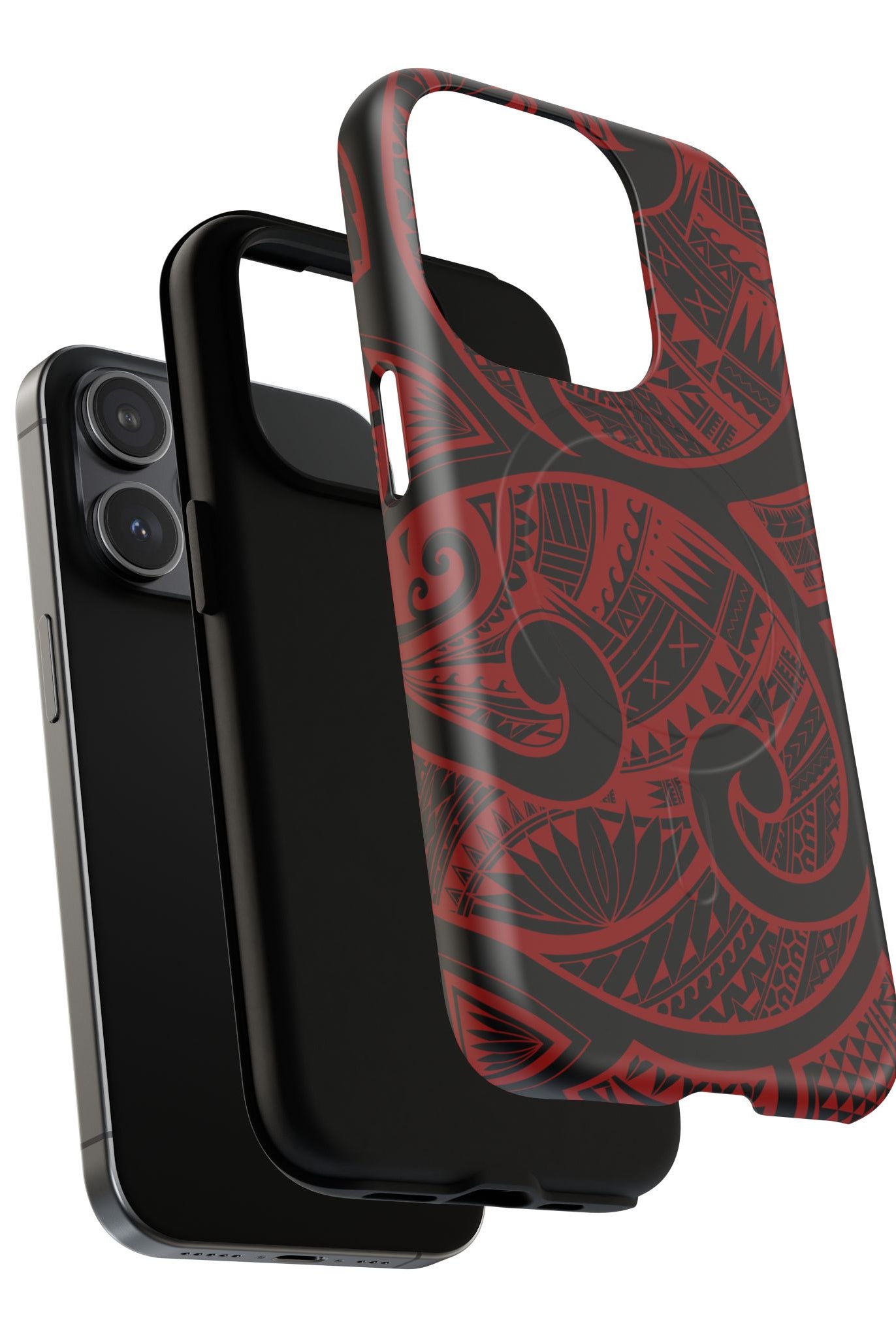 Woman holding Island Tribal MagSafe iPhone Case - Hawaiian Crimson Red Polynesian Tribal Design - The Local Banyan