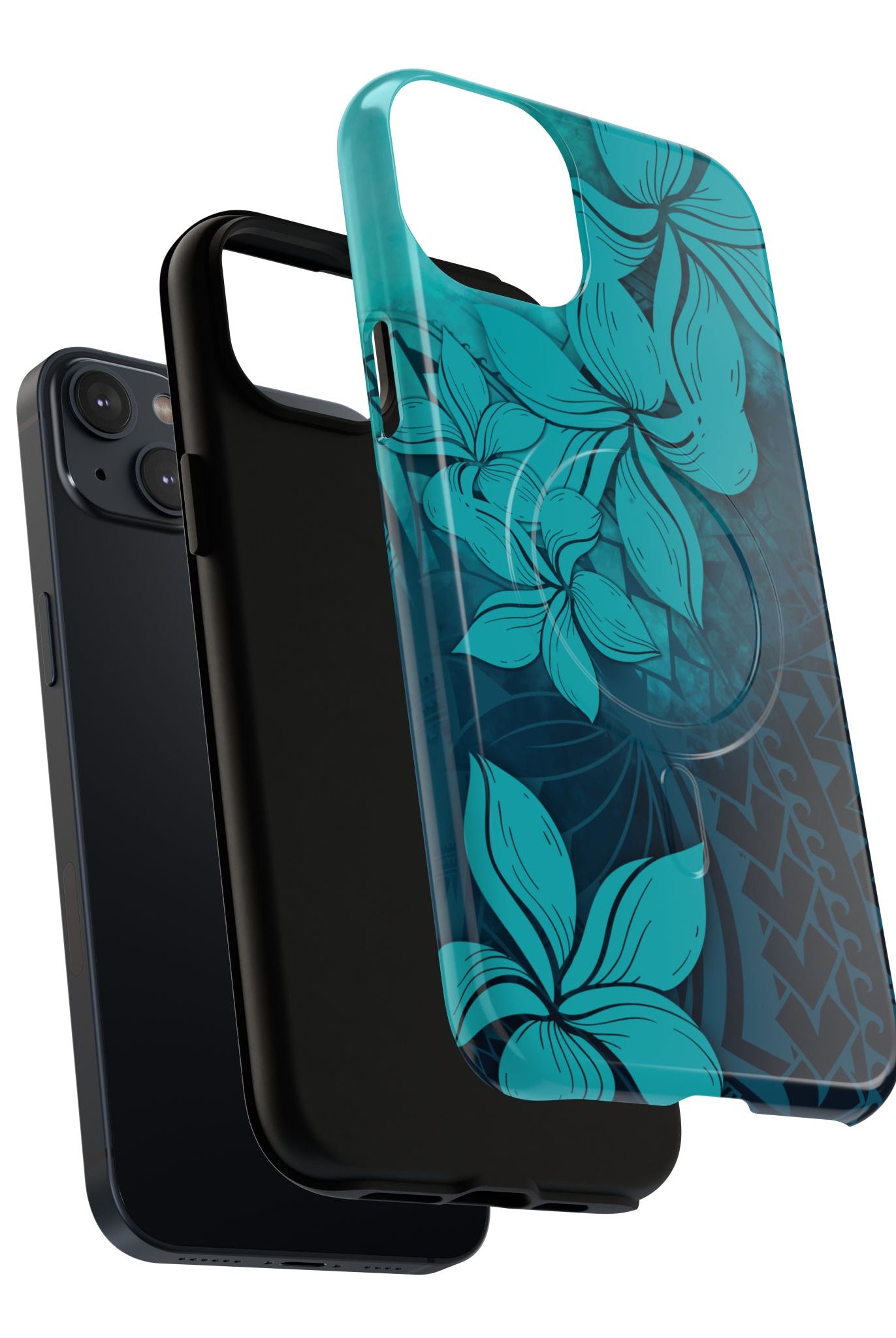 Woman holding Moana Bloom MagSafe iPhone Case - Hawaiian Teal Plumeria Ocean Tribal Design - The Local Banyan