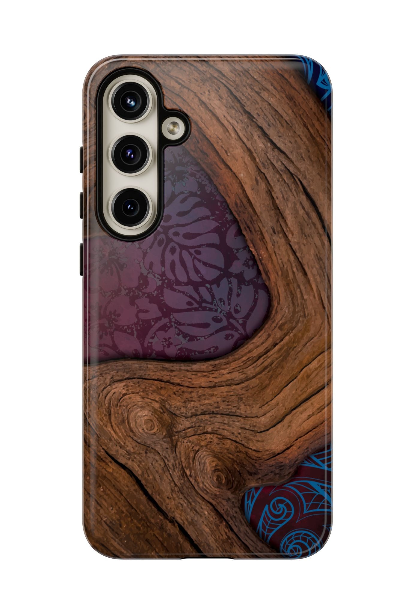 Woman holding Rooted Tough Samsung Galaxy Case - Hawaiian Koa Wood Island Strength Tribal Design - The Local Banyan