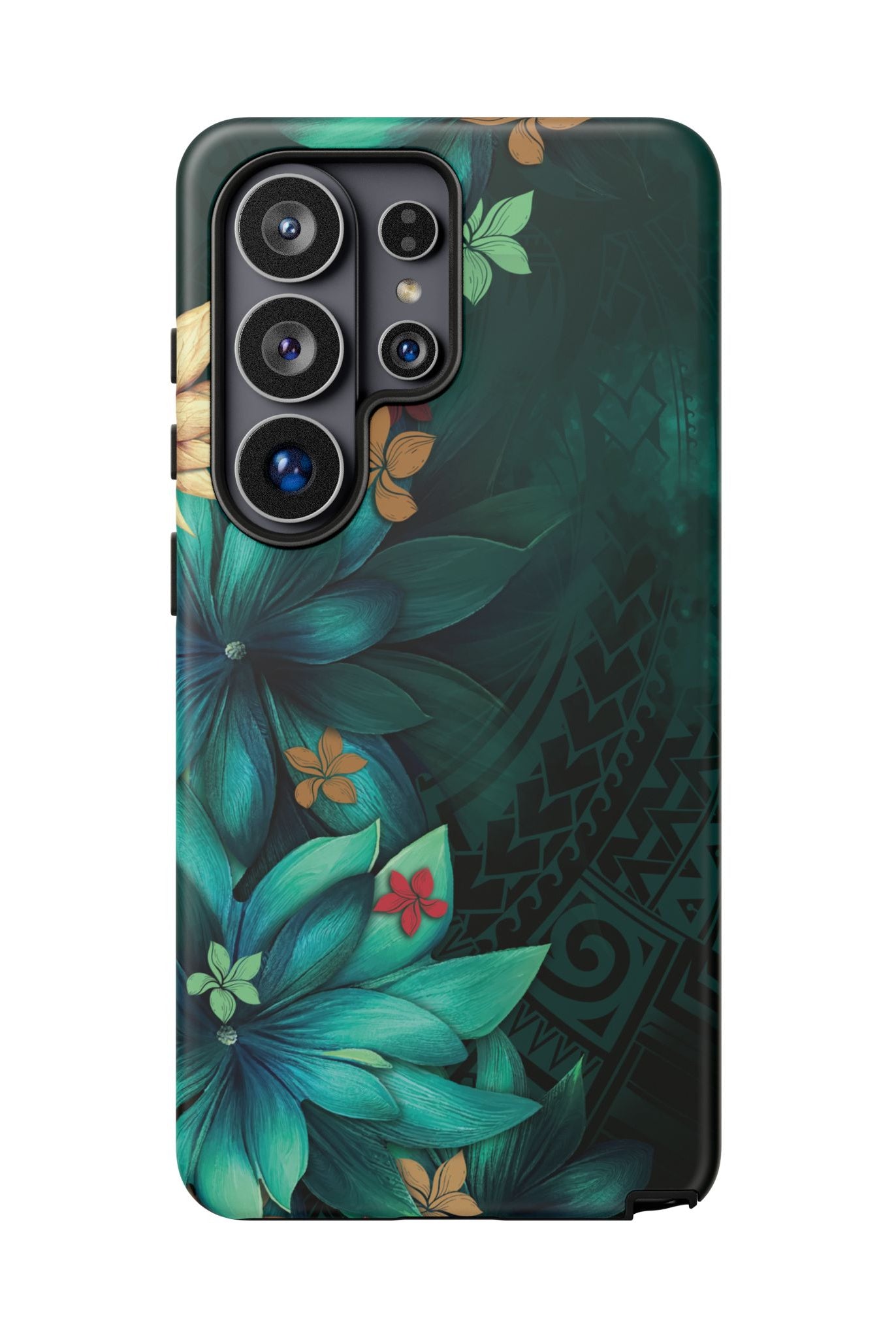 Woman holding Aloha Whispers Tough Samsung Galaxy Case - Hawaiian Abstract Green Floral Polynesian Design - The Local Banyan