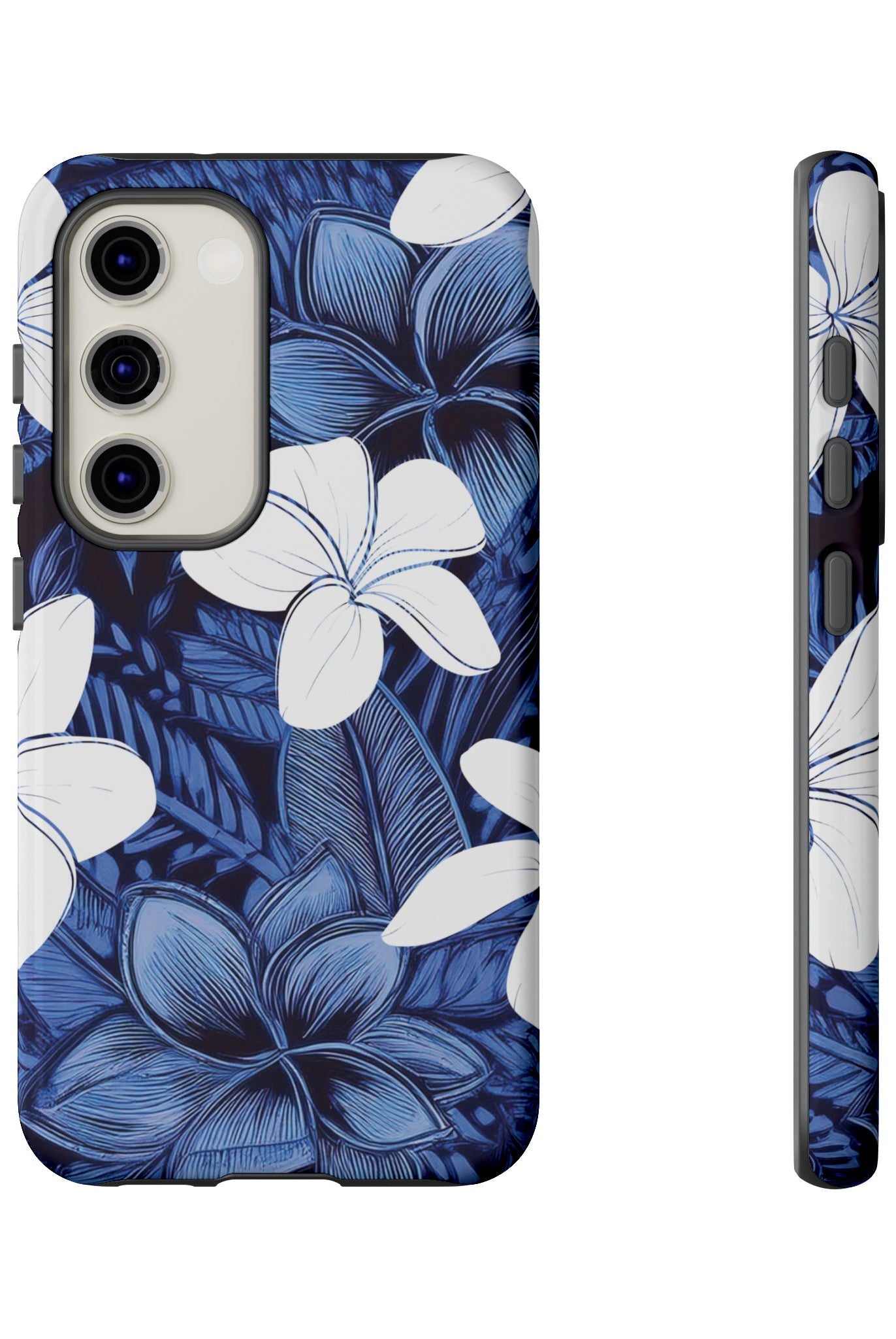 Eternal Blue Plumeria Tough Samsung Galaxy Case Side View - Dual Layer Drop Protection Hawaiian Phone Case - The Local Banyan