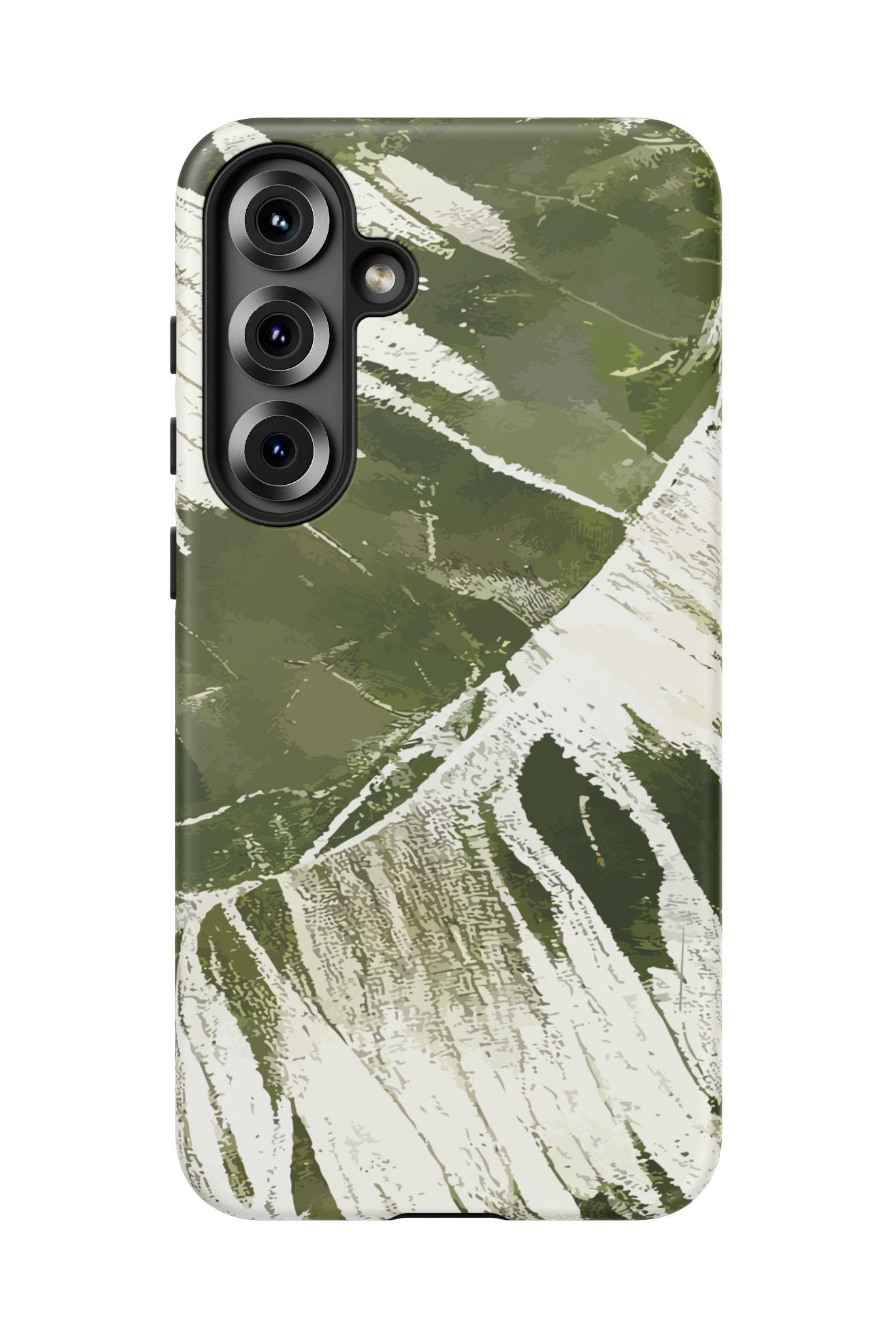 Woman holding Island Breeze Tough Samsung Galaxy Case - Hawaiian Palm Leaf Olive Green Botanical Design - The Local Banyan