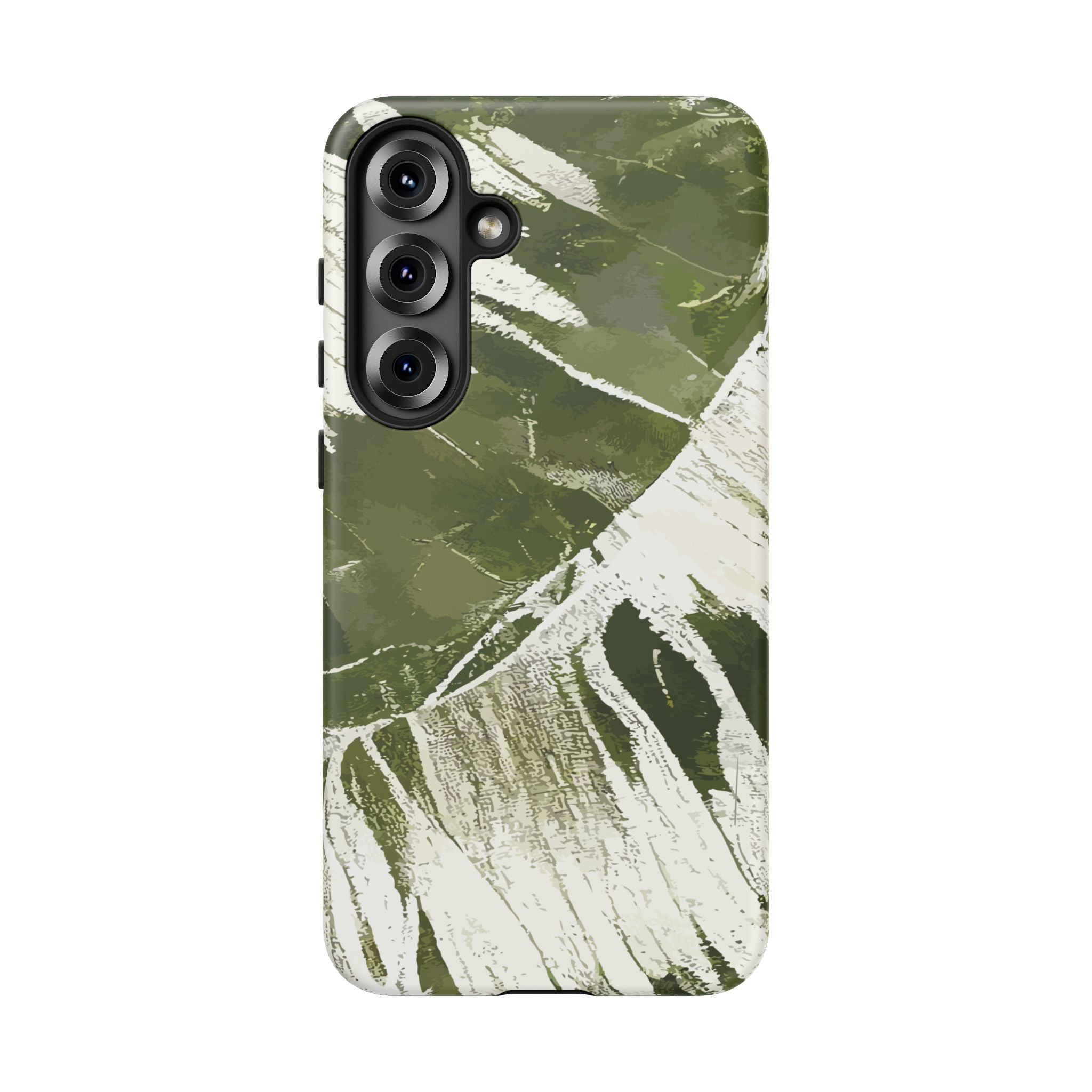Woman holding Island Breeze Tough Samsung Galaxy Case - Hawaiian Palm Leaf Olive Green Botanical Design - The Local Banyan